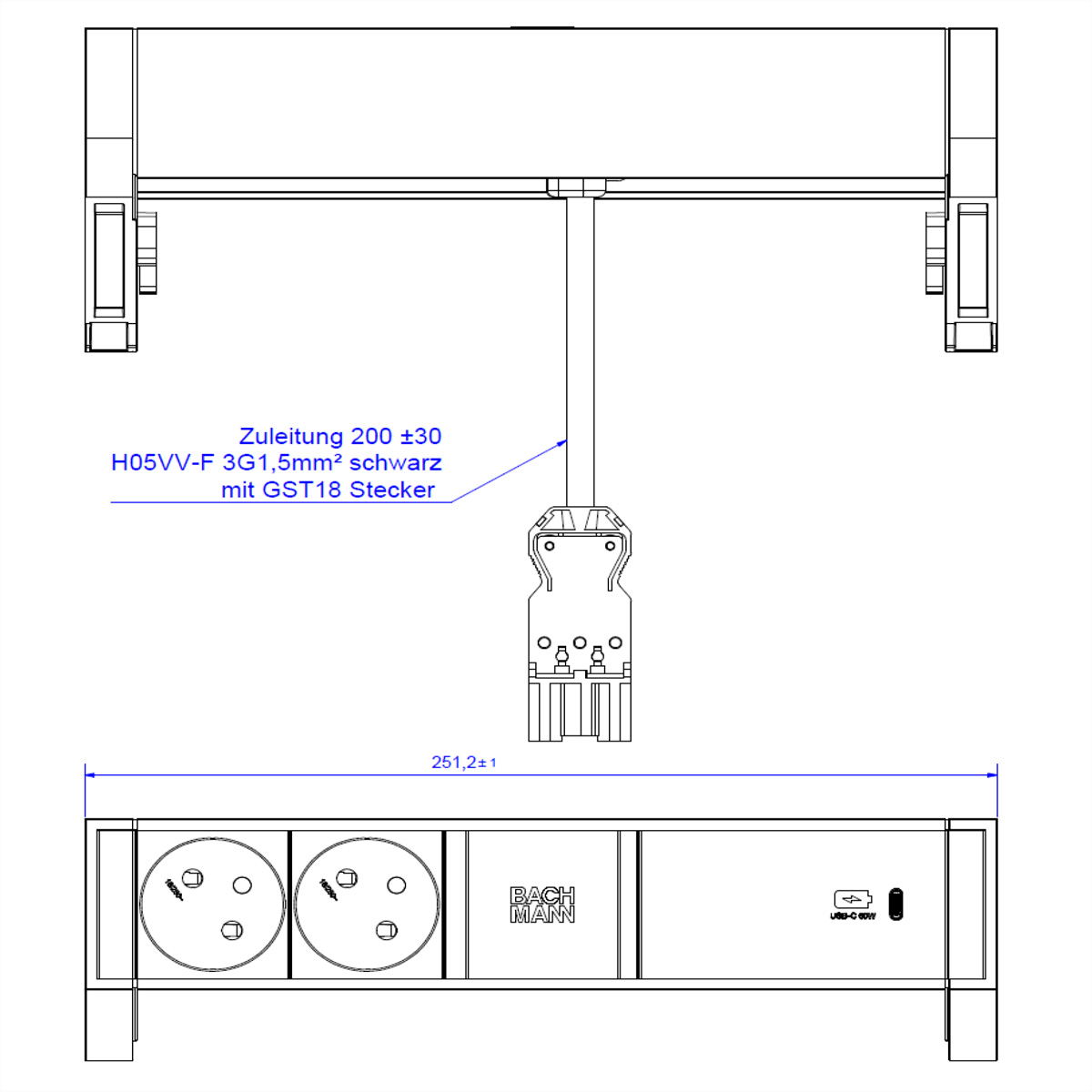 Diagramma tecnico con un alimentatore, etichettato 'BACH MANN', e altri dettagli tecnici.