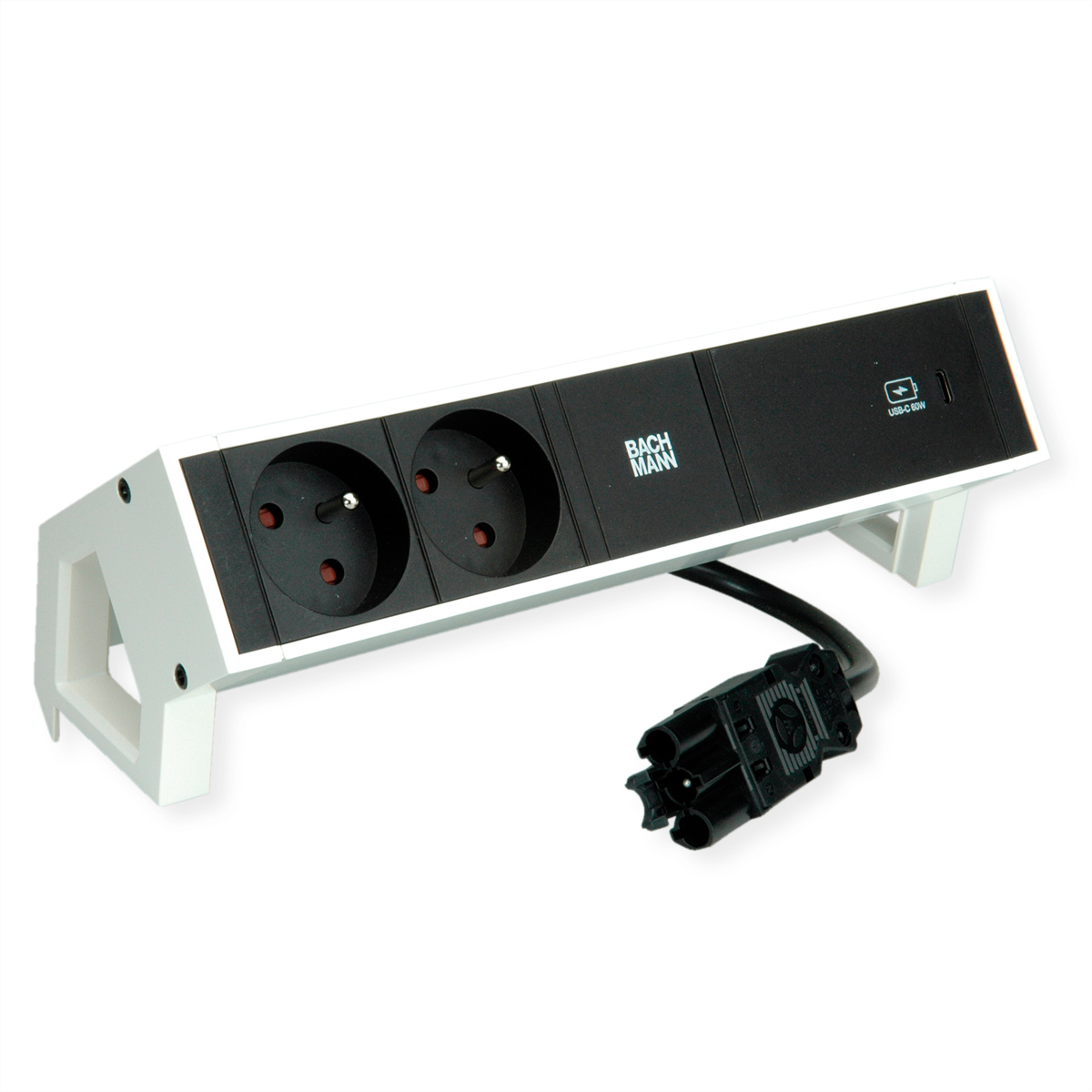 Una ciabatta bianca e nera con due prese e una porta USB-C su sfondo bianco.