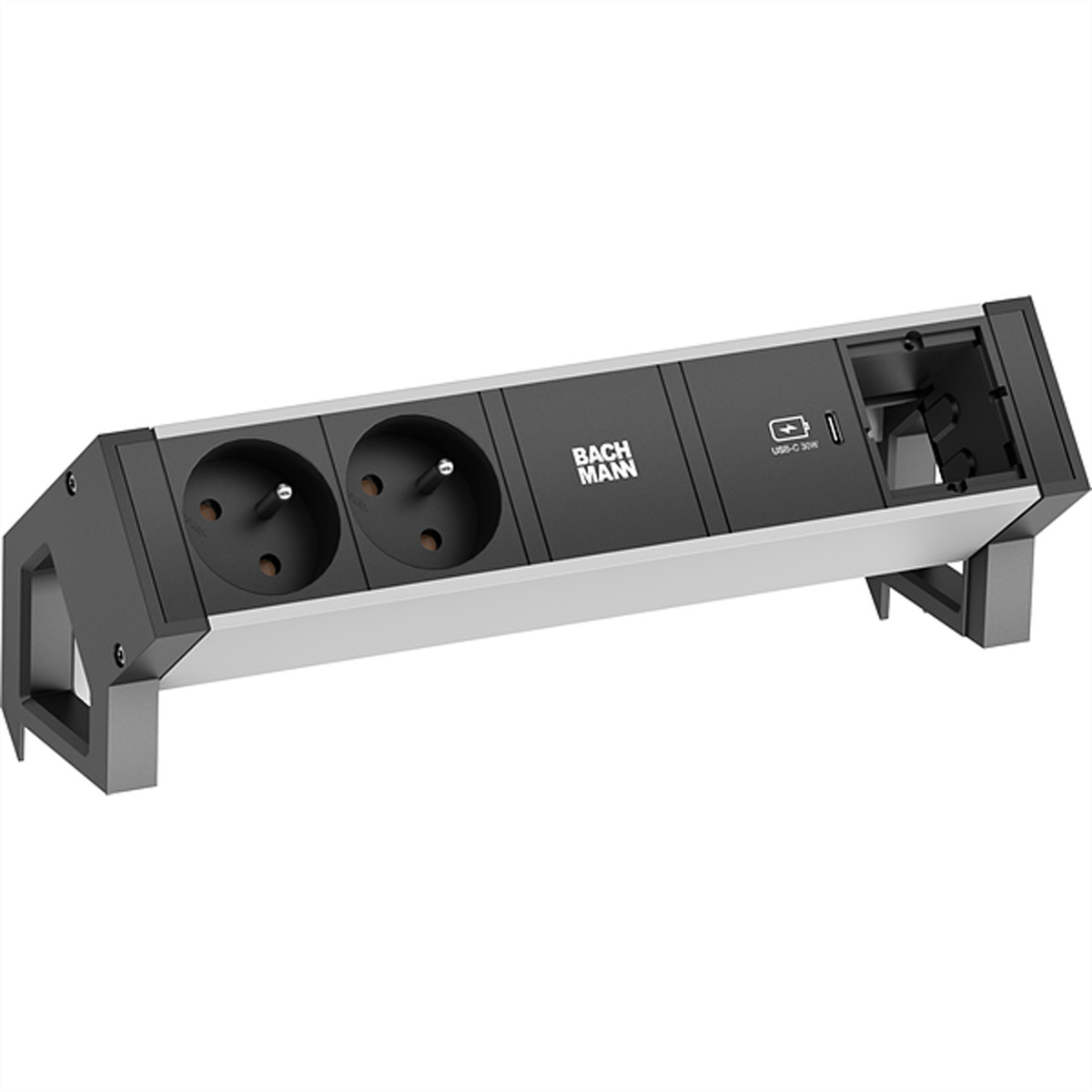 Presa di corrente nera con due prese, porta USB-C e montaggio su scrivania.