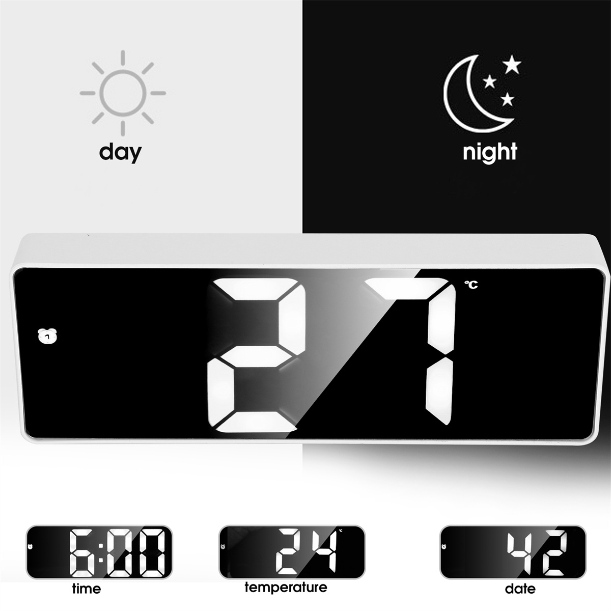 Eine Digitaluhr mit der Uhrzeit 6:00, Temperatur und Datum auf einem schwarzen Bildschirm.