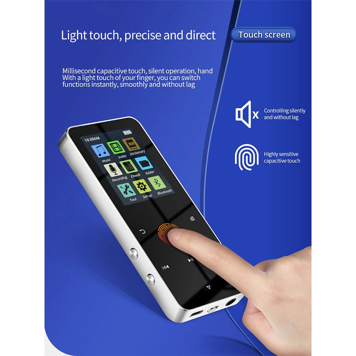Silbernes Gerät mit Touchscreen-Oberfläche. Eine Hand benutzt den Bildschirm.