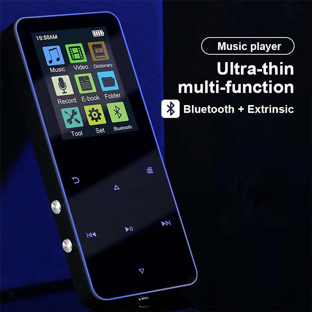 Ein schwarzer MP3-Player mit einem Bildschirm, der Symbole für Musik und Video zeigt.