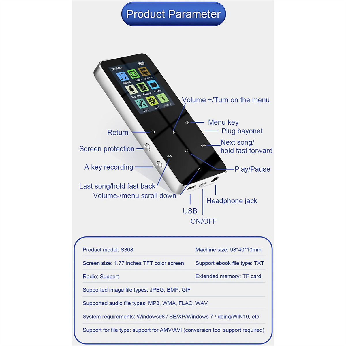 Ein schwarzer digitaler MP3-Player mit Bildschirm und Tasten, mit angezeigten Produktinformationen.