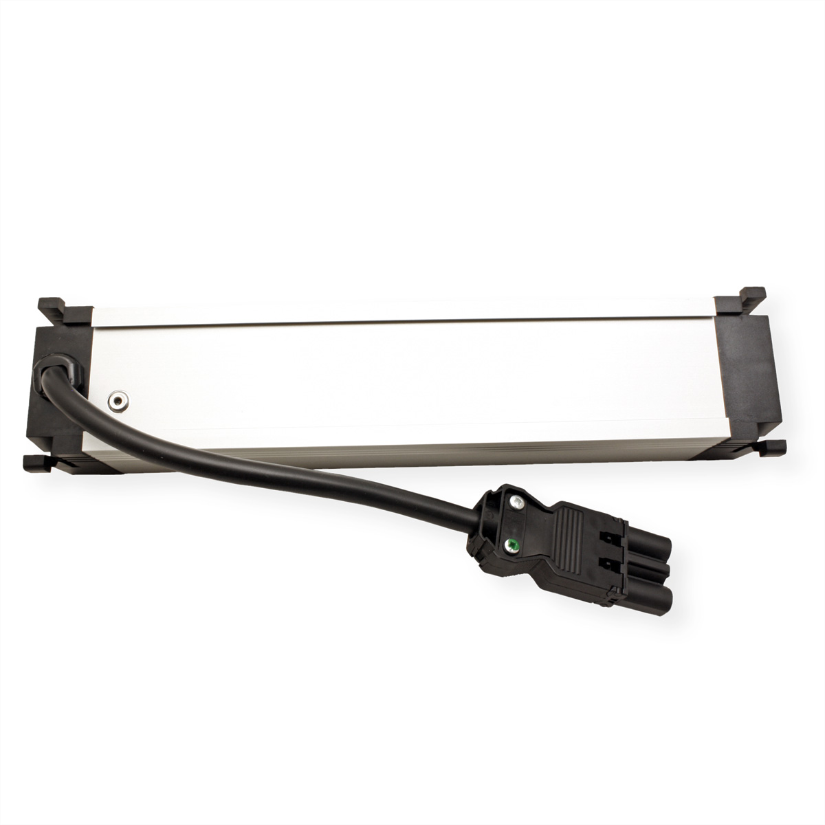 Silbernes rechteckiges Gerät mit schwarzem Kabel und Stecker.