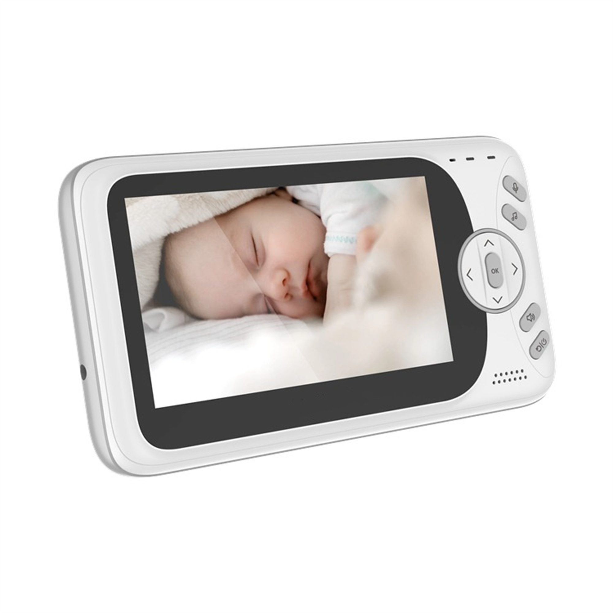 Babyphone mit schlafendem Baby. Weißes Gerät mit Knöpfen.