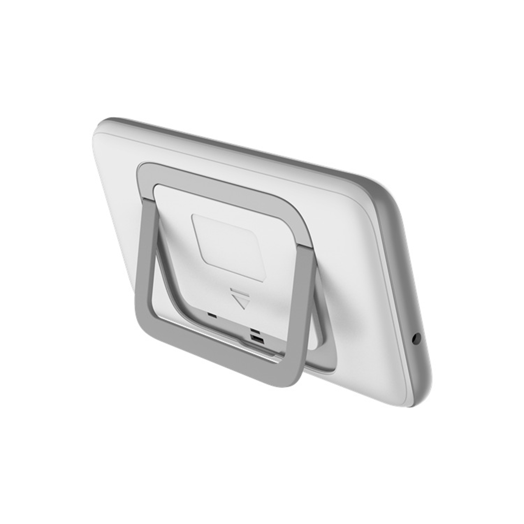 Ein weißes Tablet, von hinten gesehen, mit Ständer und Ladeanschluss.