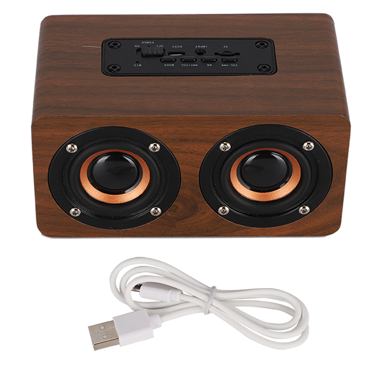 Ein hölzerner Lautsprecher mit zwei Lautsprechern und einem USB-Ladekabel. Hat Strom-, Modus- und Lautstärketasten.