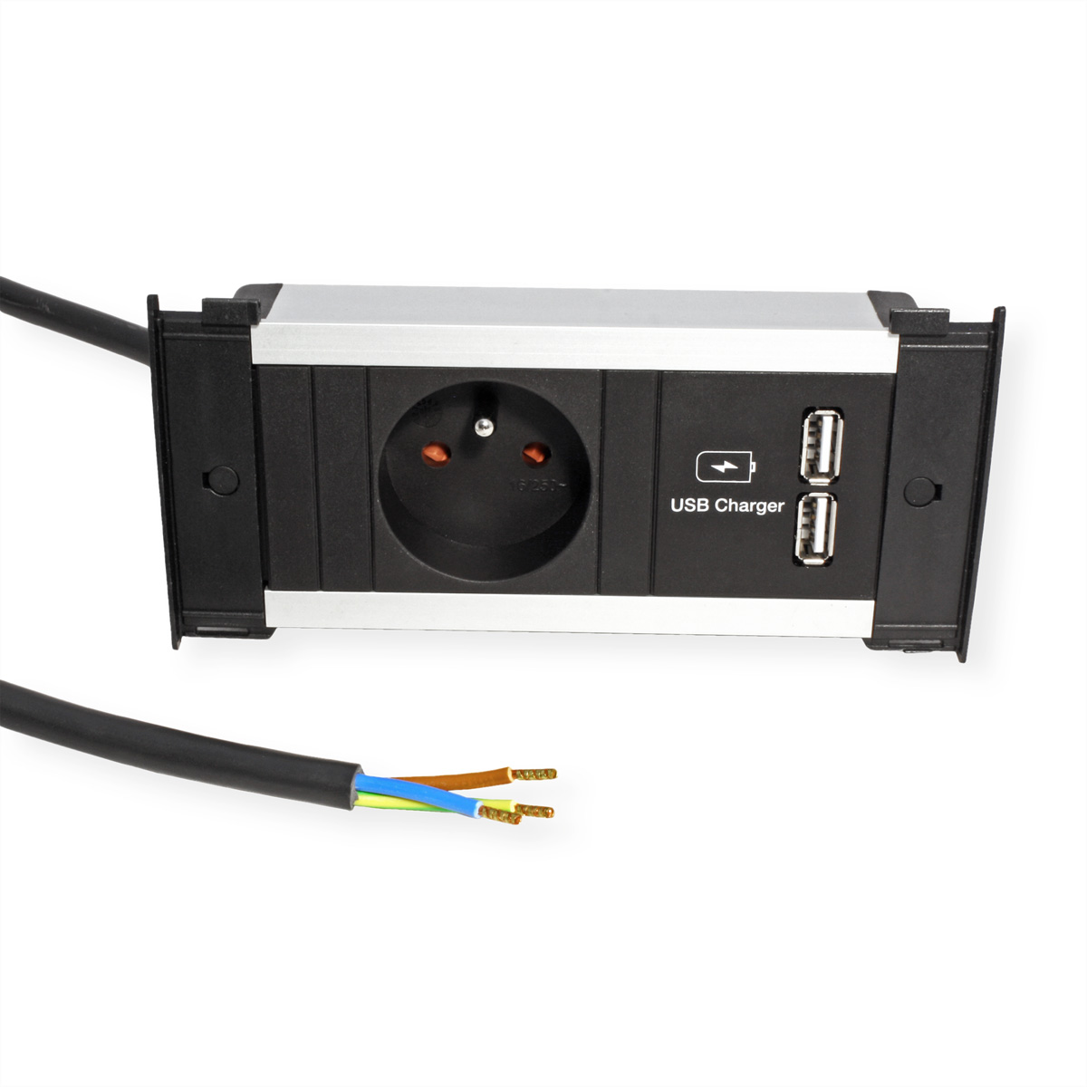 Una presa elettrica con caricabatterie USB e un cavo.