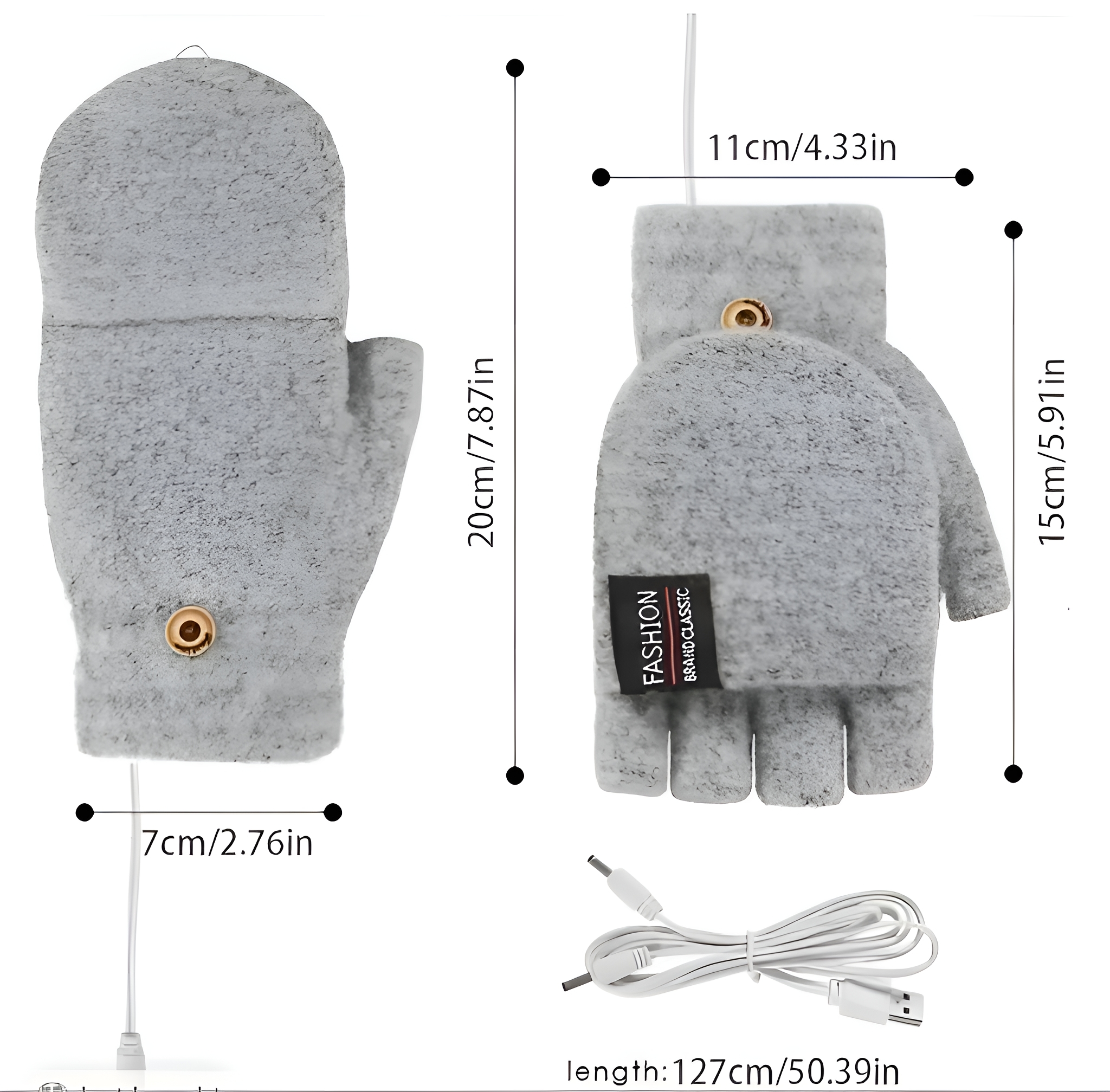 Graue beheizte Fäustlinge mit Maßen und einem weißen USB-Kabel.