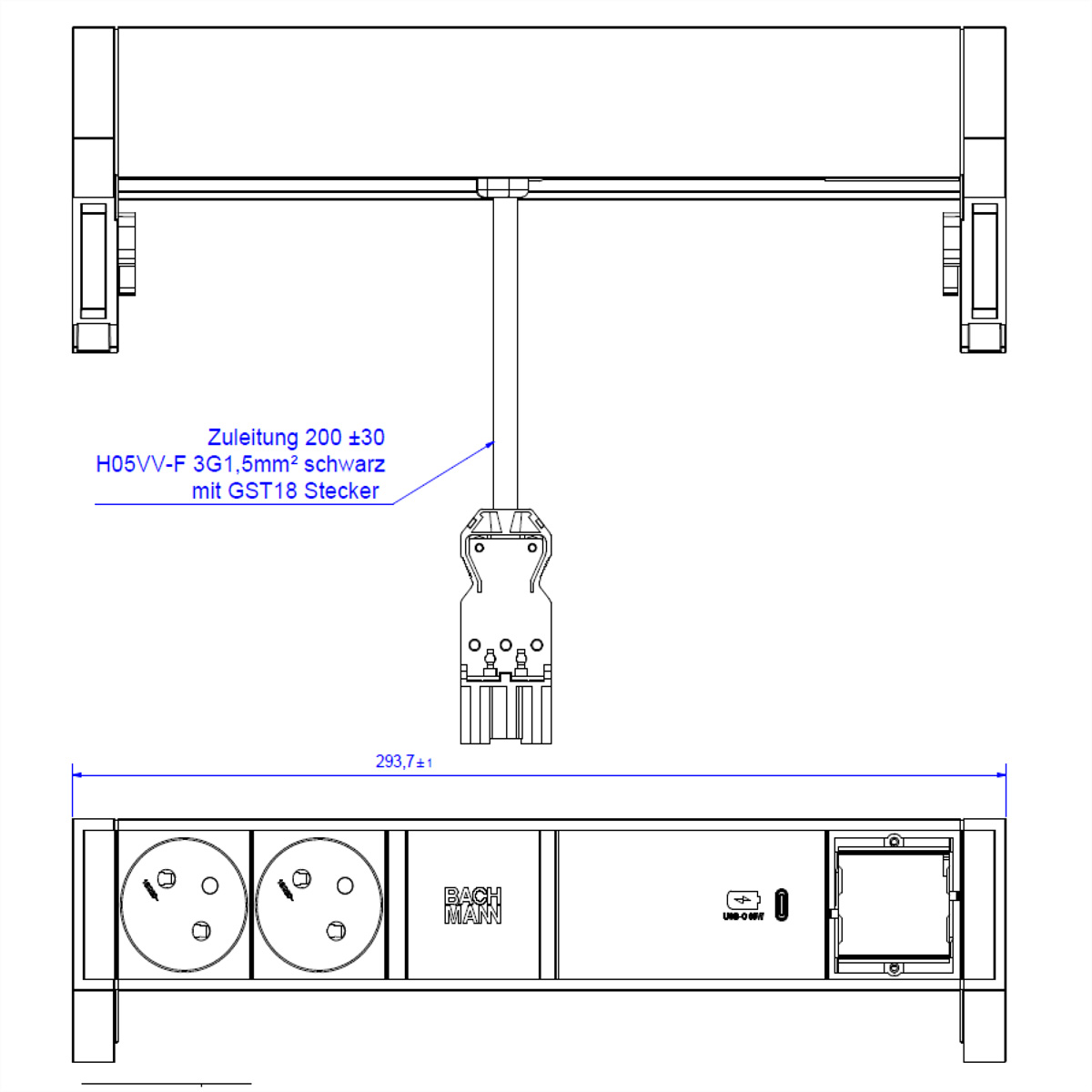 Un disegno tecnico di una presa di corrente con dettagli di cablaggio e dimensioni in millimetri.