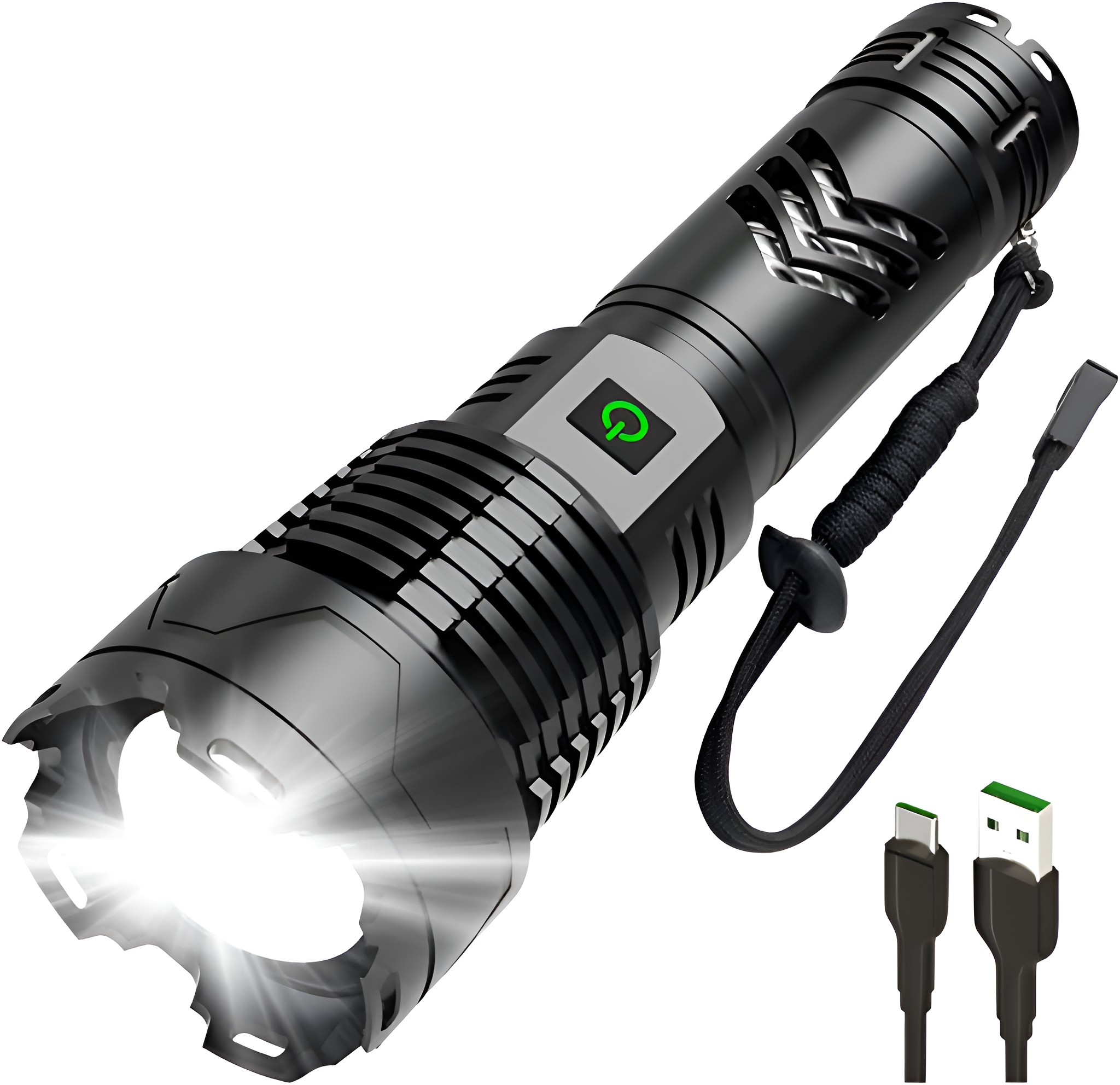 Eine schwarze Taschenlampe mit hellem Strahl und einem USB-Ladekabel.