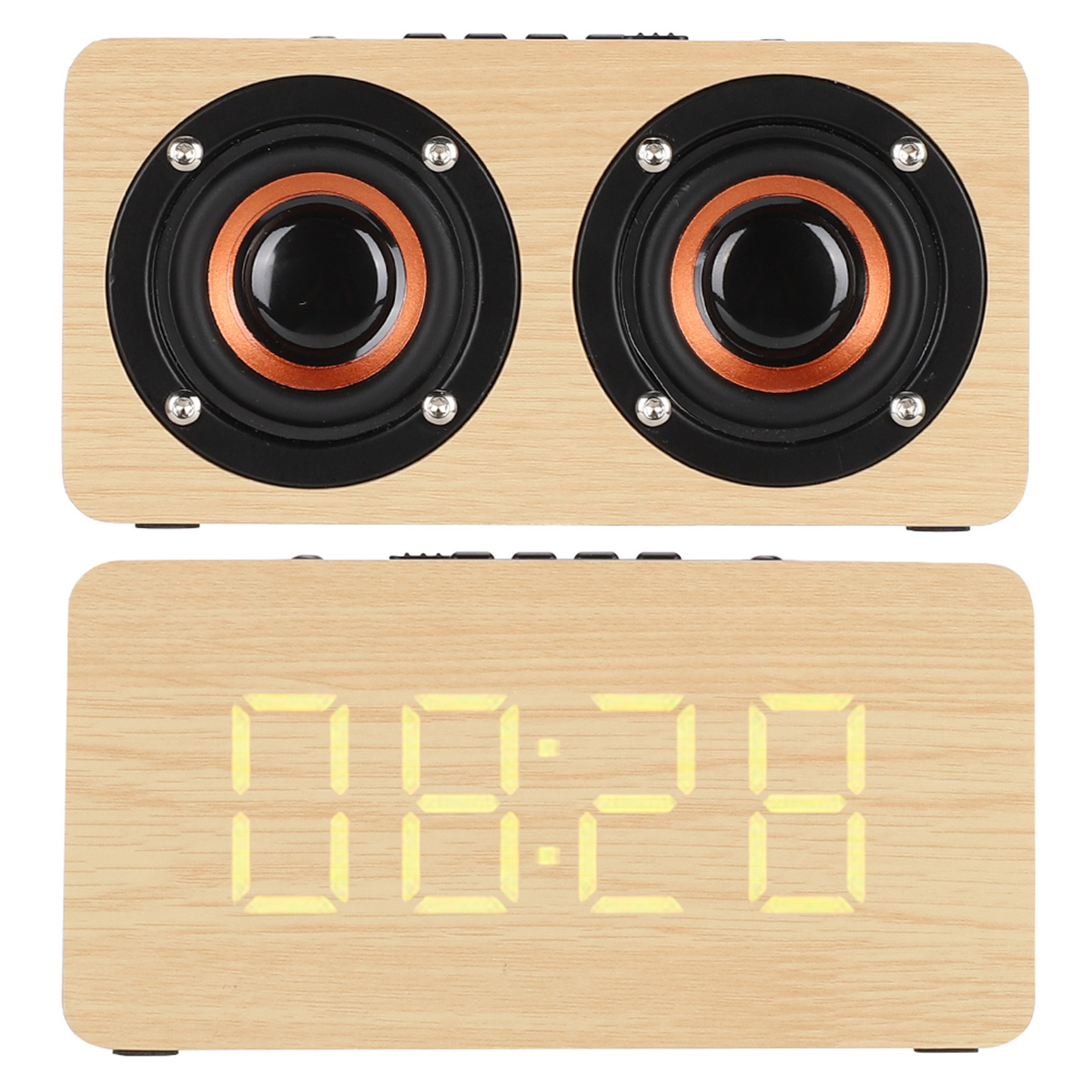 Holzlautsprecher mit zwei Lautsprechern und einer Digitaluhr, die "08:28" anzeigt.