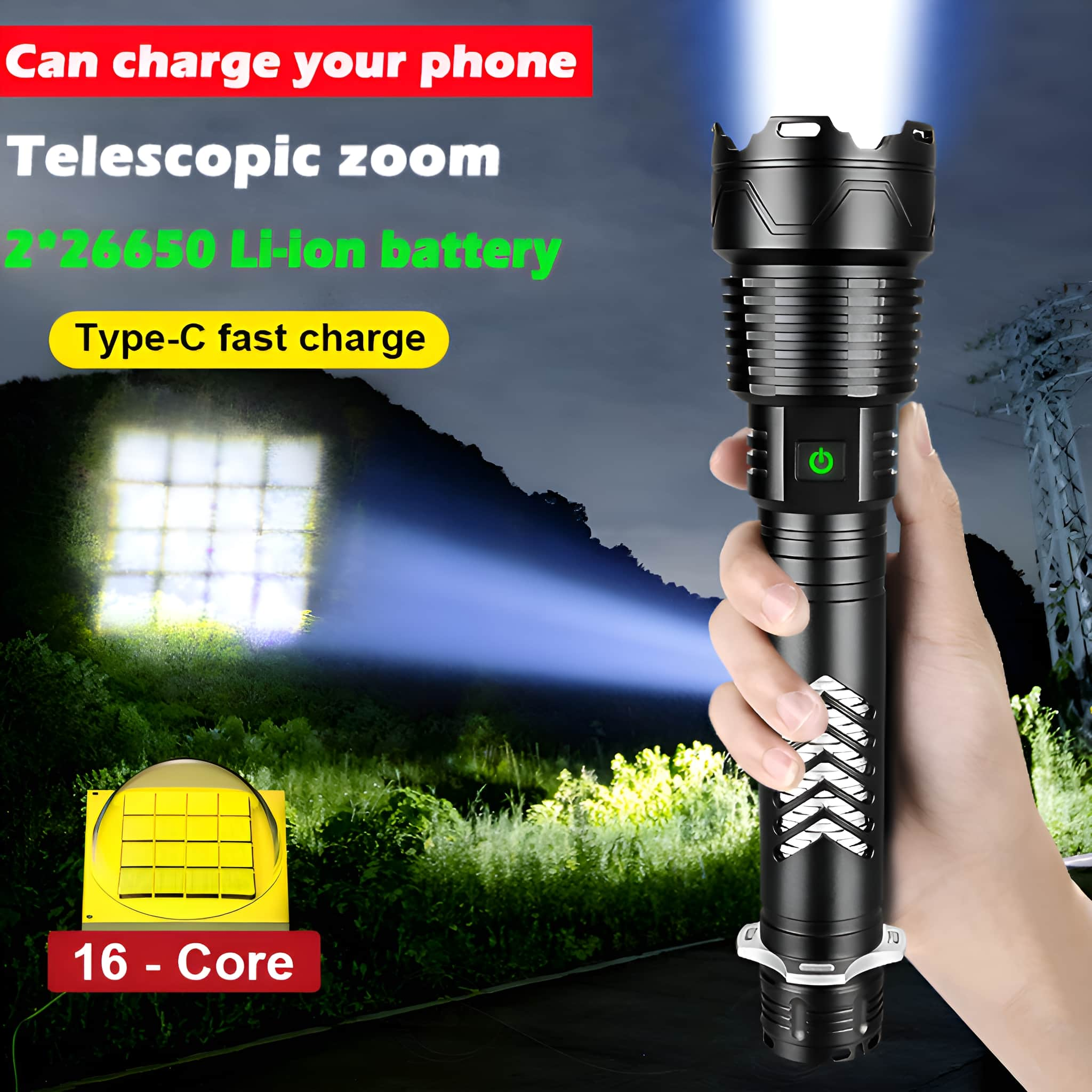 Schwarze Taschenlampe mit Funktionen, Hand, Textüberlagerungen und Lichtstrahl.