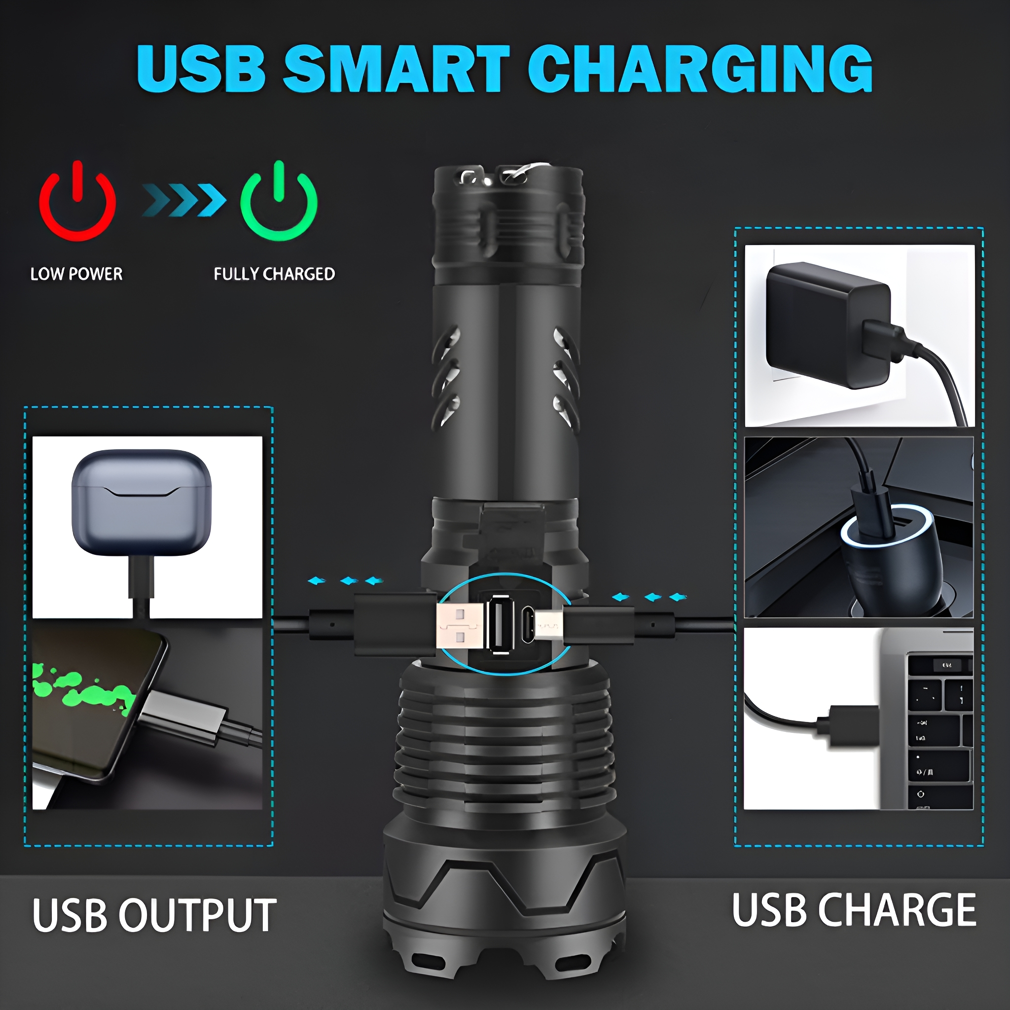 Eine schwarze Taschenlampe mit USB-Ladeanschlüssen und einem Diagramm zum Ladevorgang auf blauem Hintergrund.