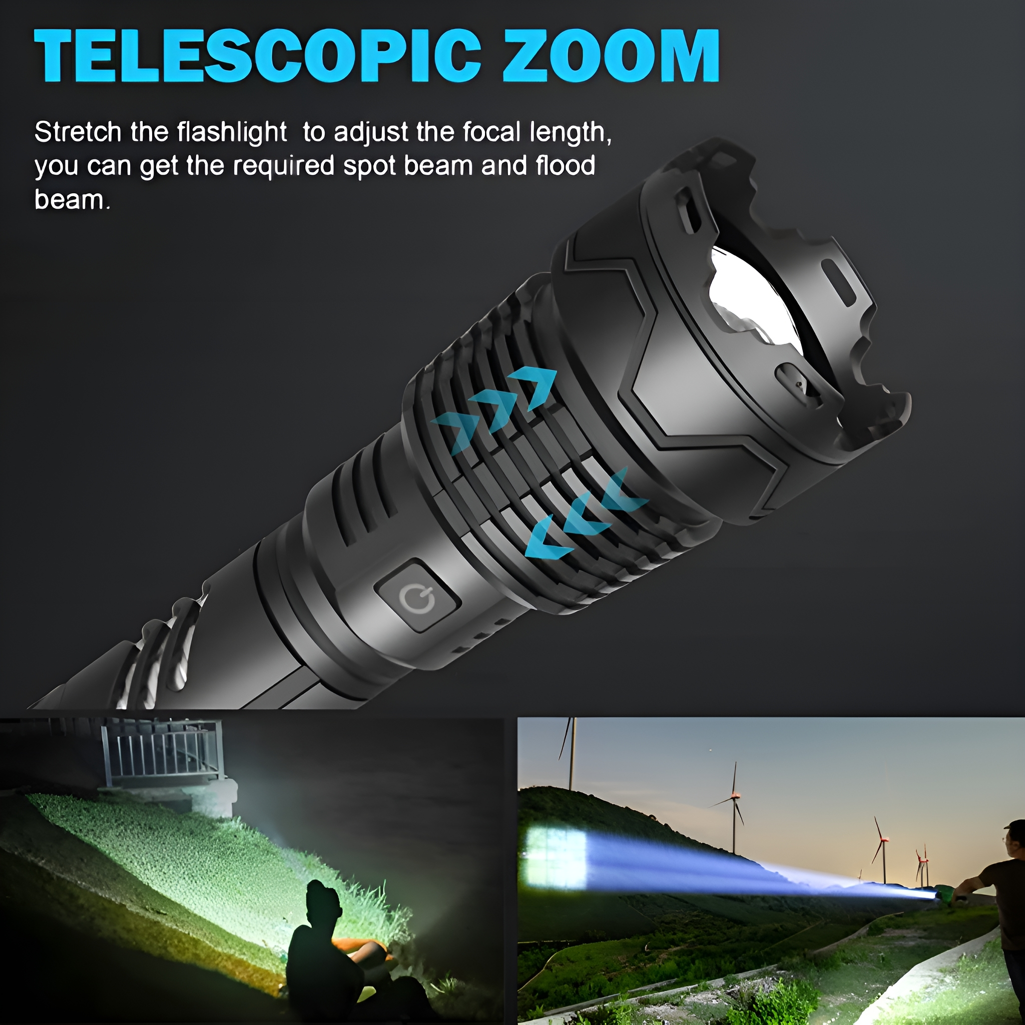 Eine schwarze Taschenlampe mit Teleskop-Zoom-Funktion und drei verschiedenen Anwendungsbeispielen.