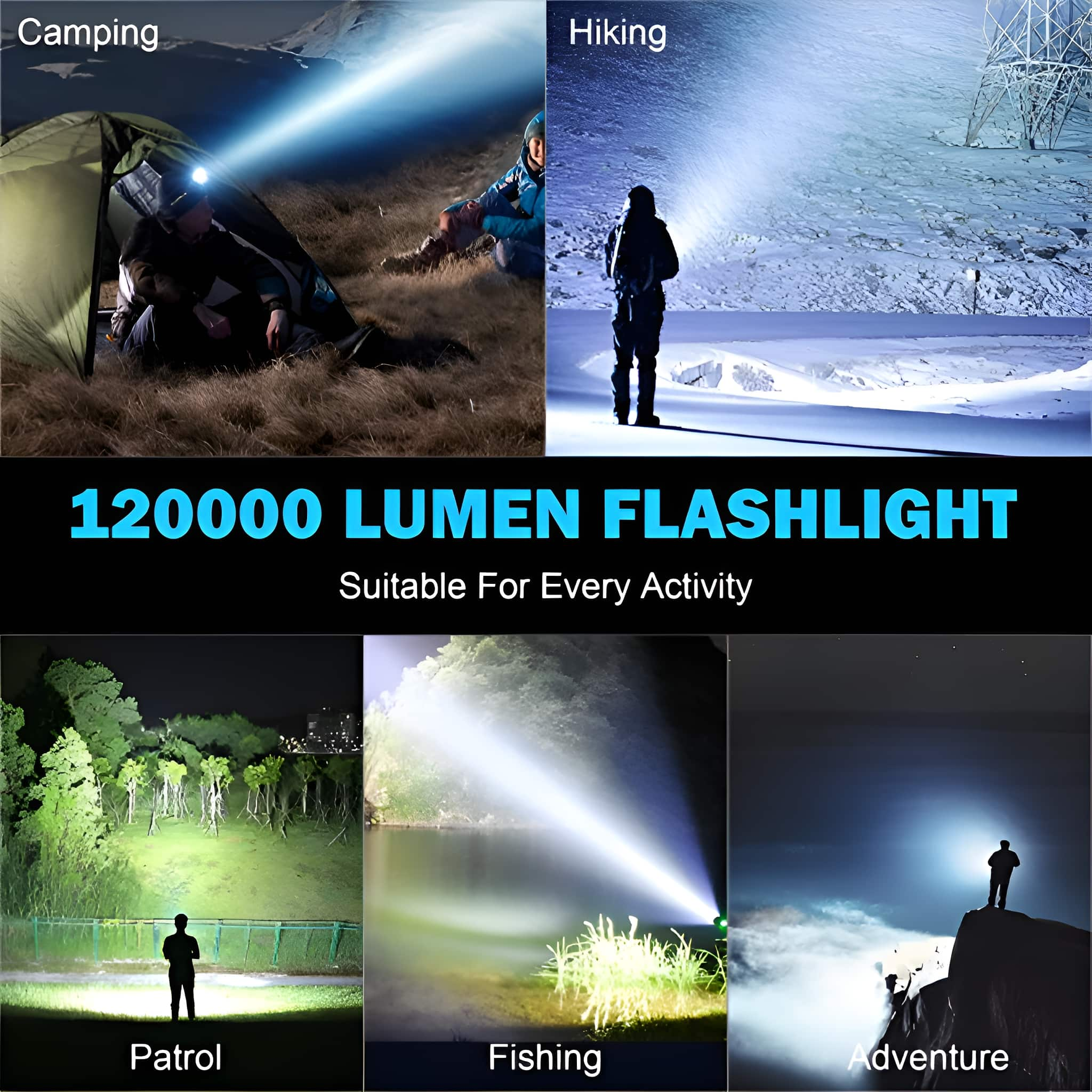 Collage mit Bildern, die Aktivitäten mit einer 120000 Lumen Taschenlampe zeigen: Camping, Wandern, Patrouille, Angeln, Abenteuer.