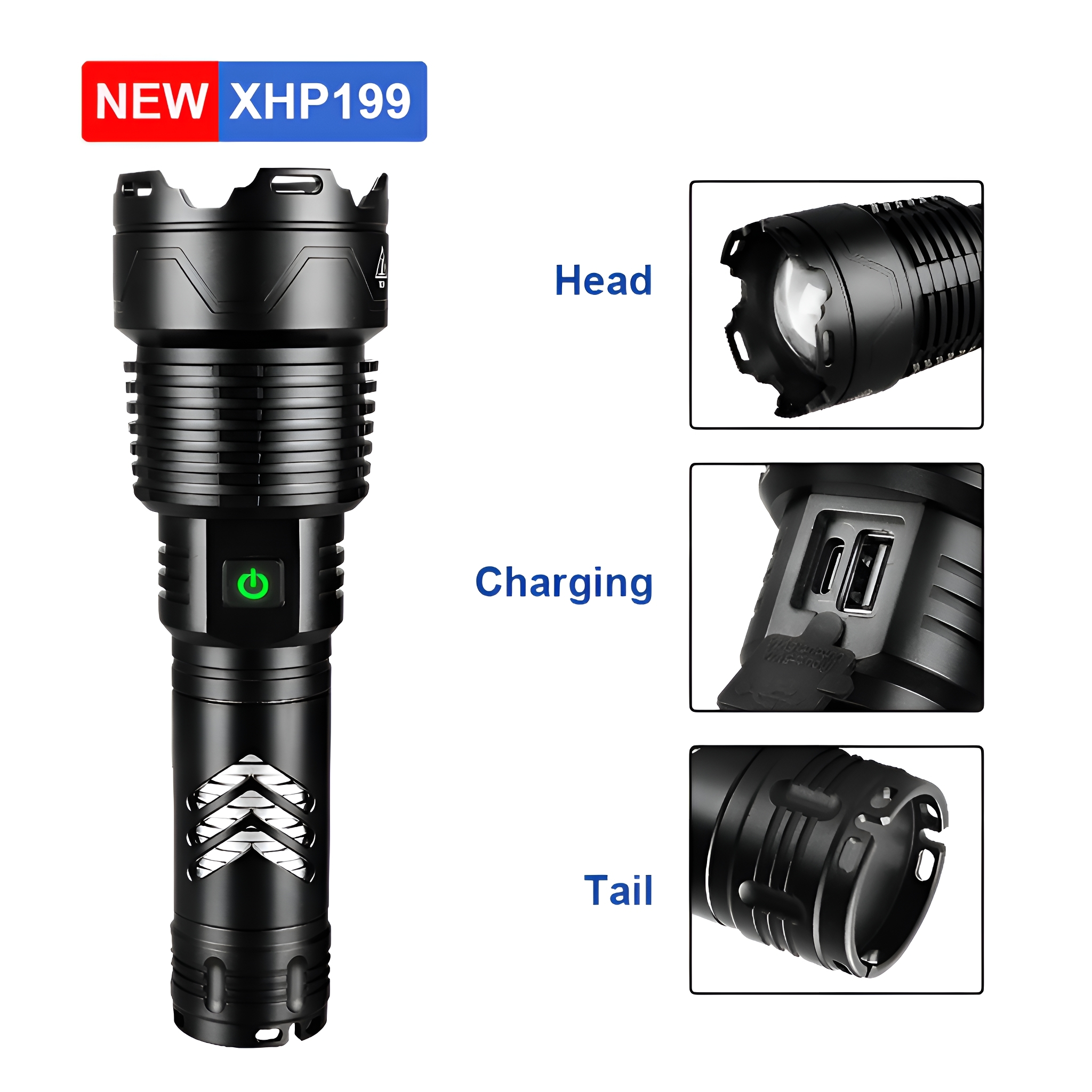 Eine schwarze Taschenlampe mit drei Abschnitten: Kopf, Aufladung und Heck, jeweils mit Details. NEU XHP199.