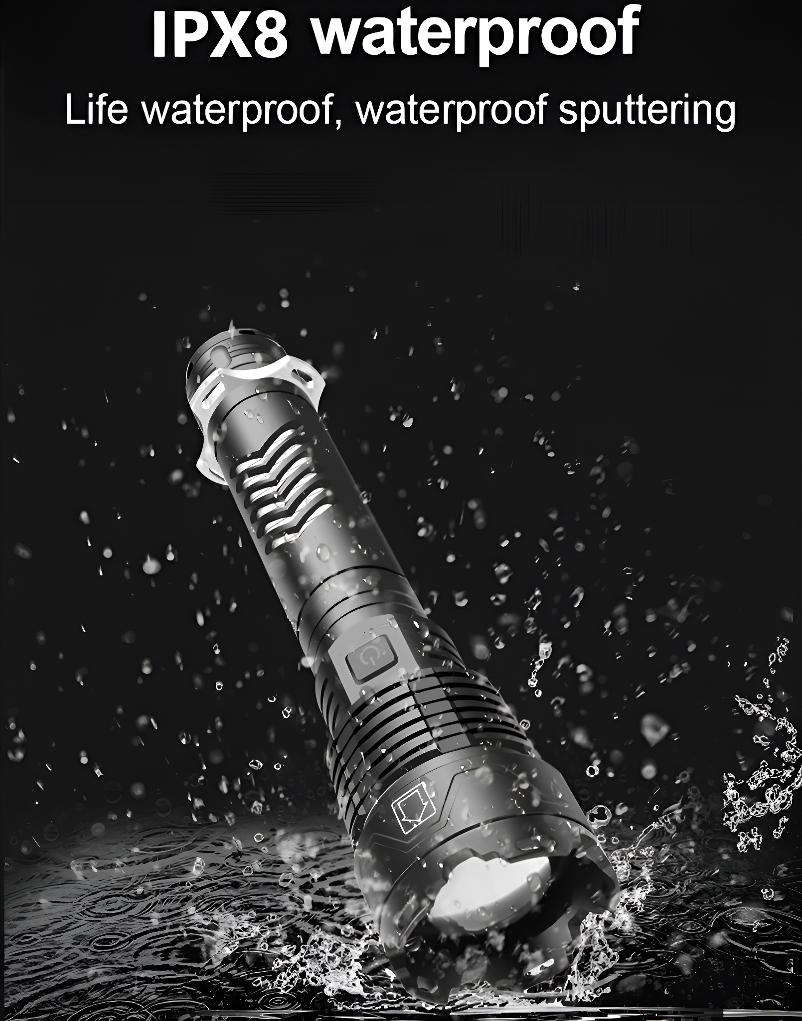 Schwarze Taschenlampe mit Wassertropfen, IPX8 wasserdichter Text.