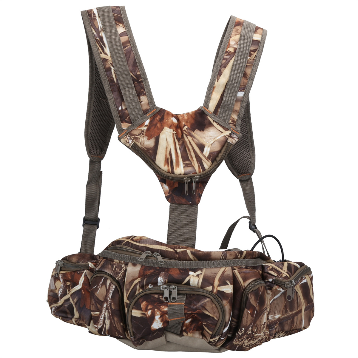 Eine Tarn-Jagdweste mit mehreren Taschen und Schultergurten.