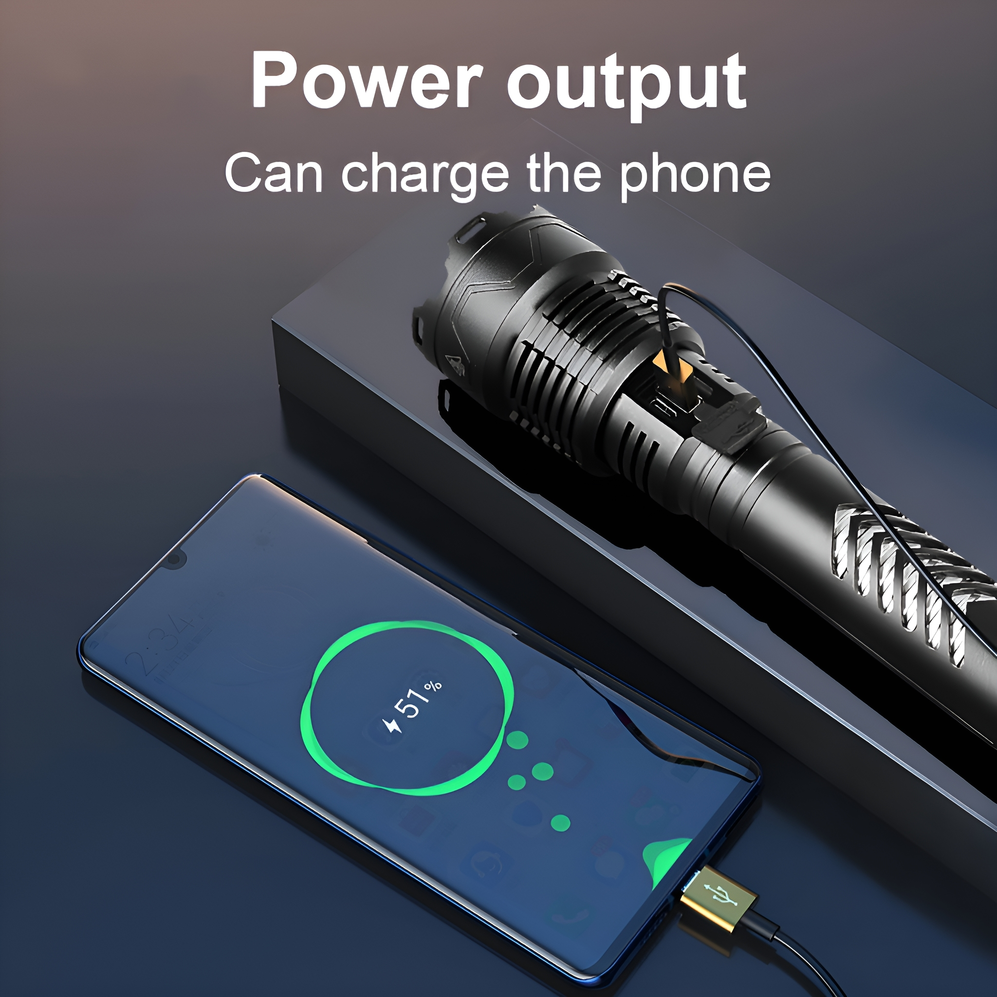 Eine schwarze Taschenlampe, die ein Telefon auflädt. Der Telefonbildschirm zeigt 51 % geladen an.