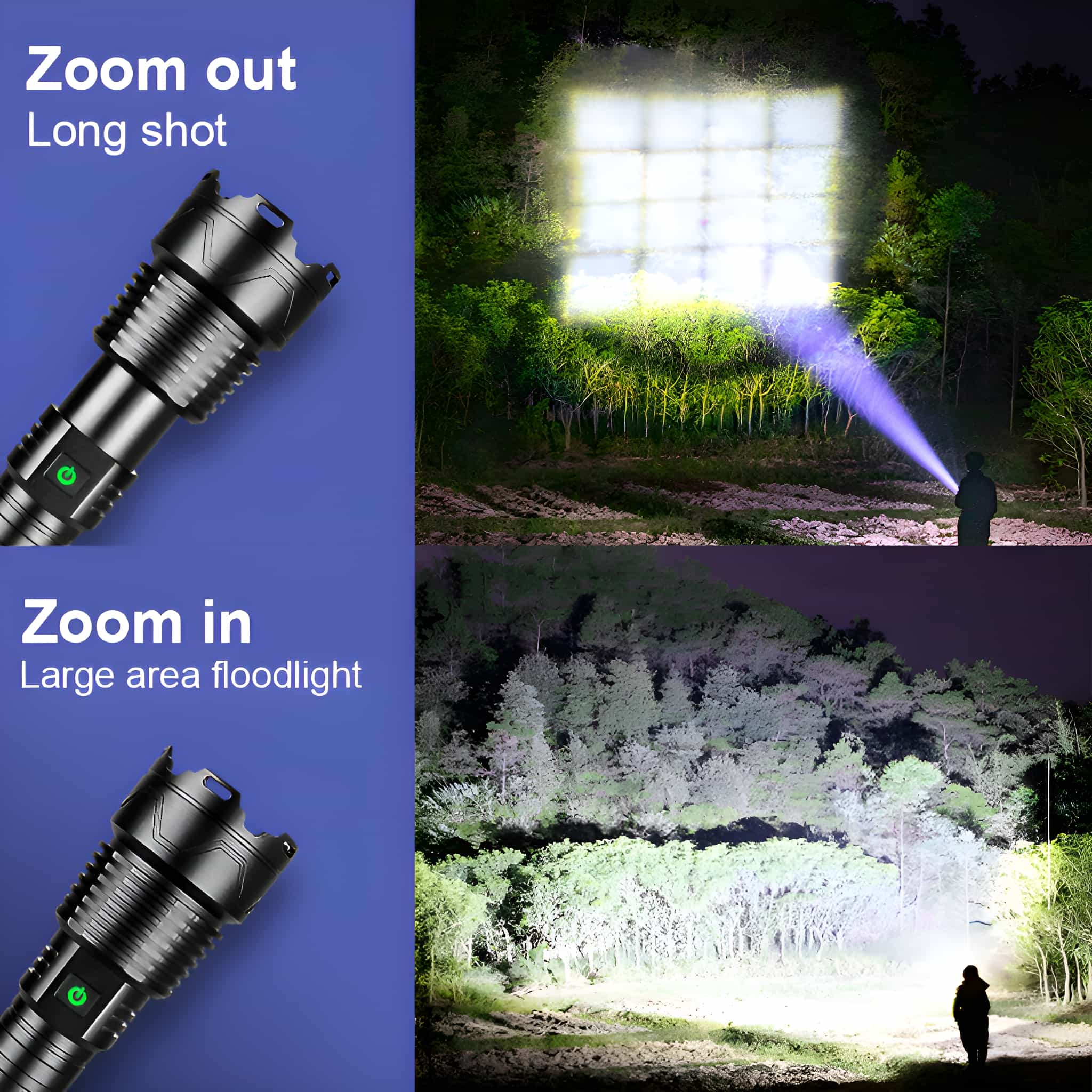 Taschenlampe, die Zoom in und Zoom out zeigt, mit einem Strahl auf Bäume bei Nacht und in einem Wald.