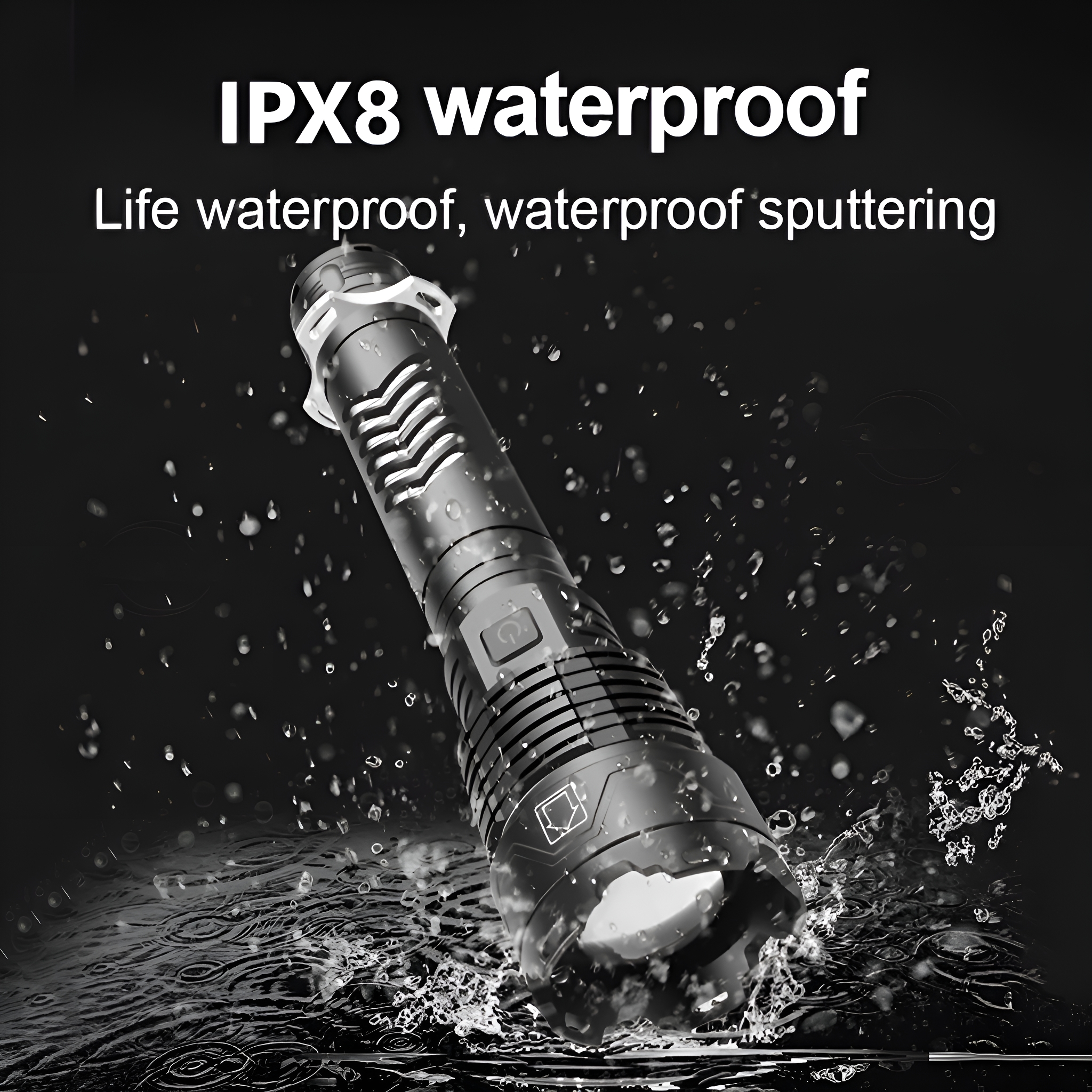 Schwarze, wasserdichte Taschenlampe mit Wassertropfen. Der Text „IPX8 wasserdicht“ steht oben.