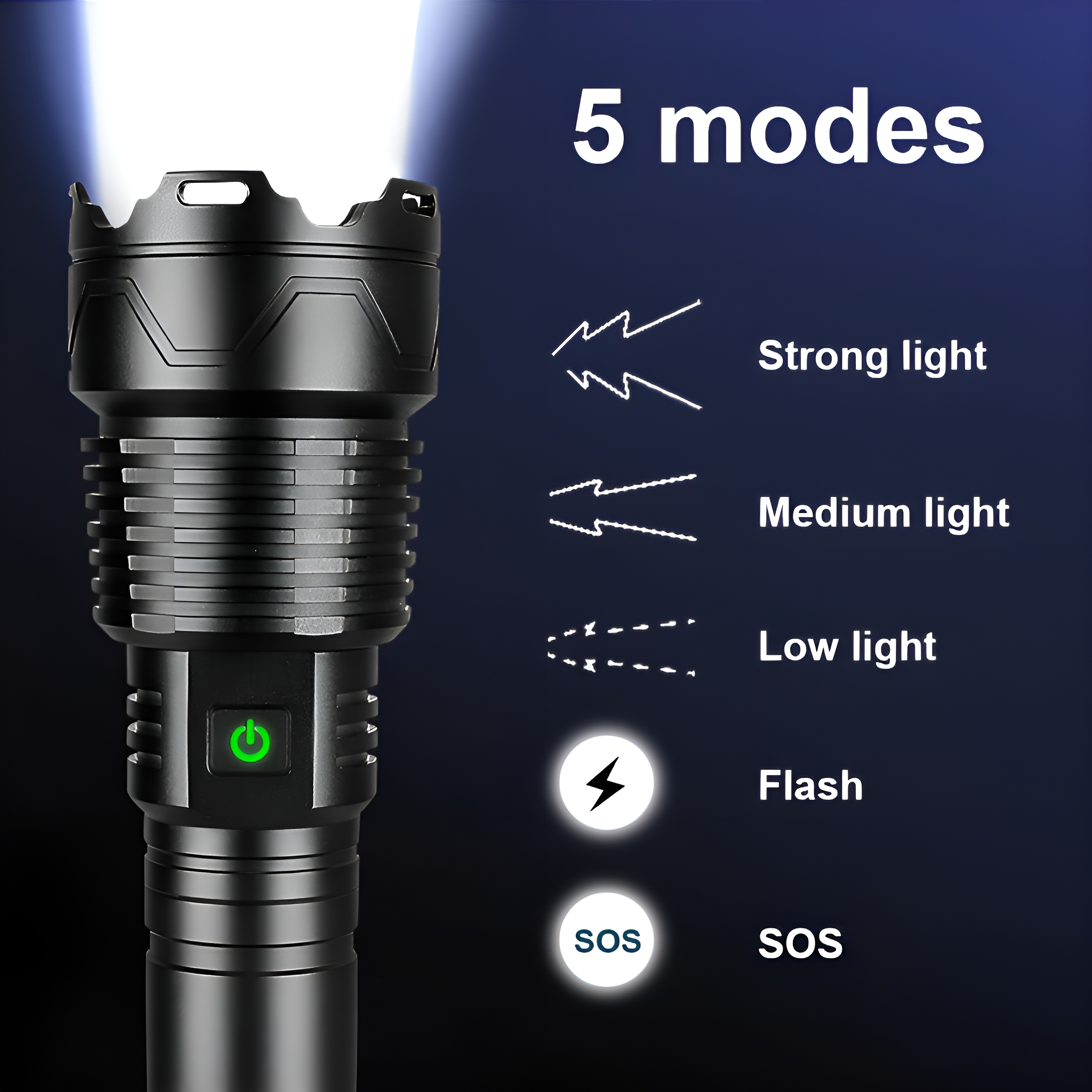 Schwarze Taschenlampe mit 5 Modi: starkes, mittleres, schwaches Licht, Blitz und SOS.