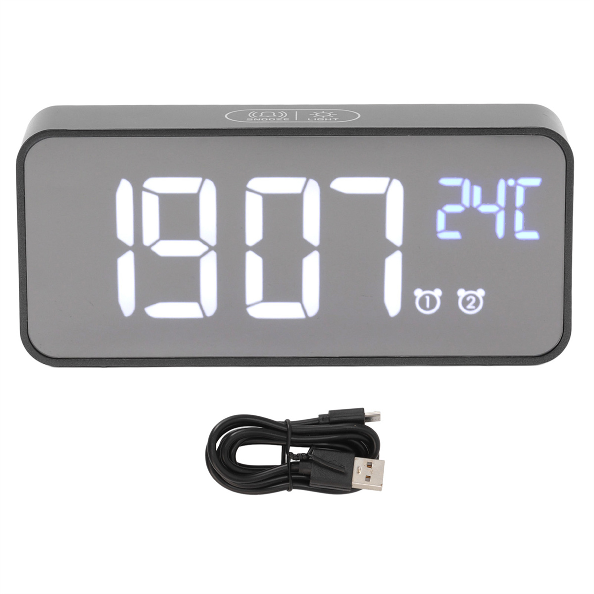 Schwarzer digitaler Wecker mit 19:07 und 24°C, zwei Wecker-Symbolen und einem USB-Kabel.