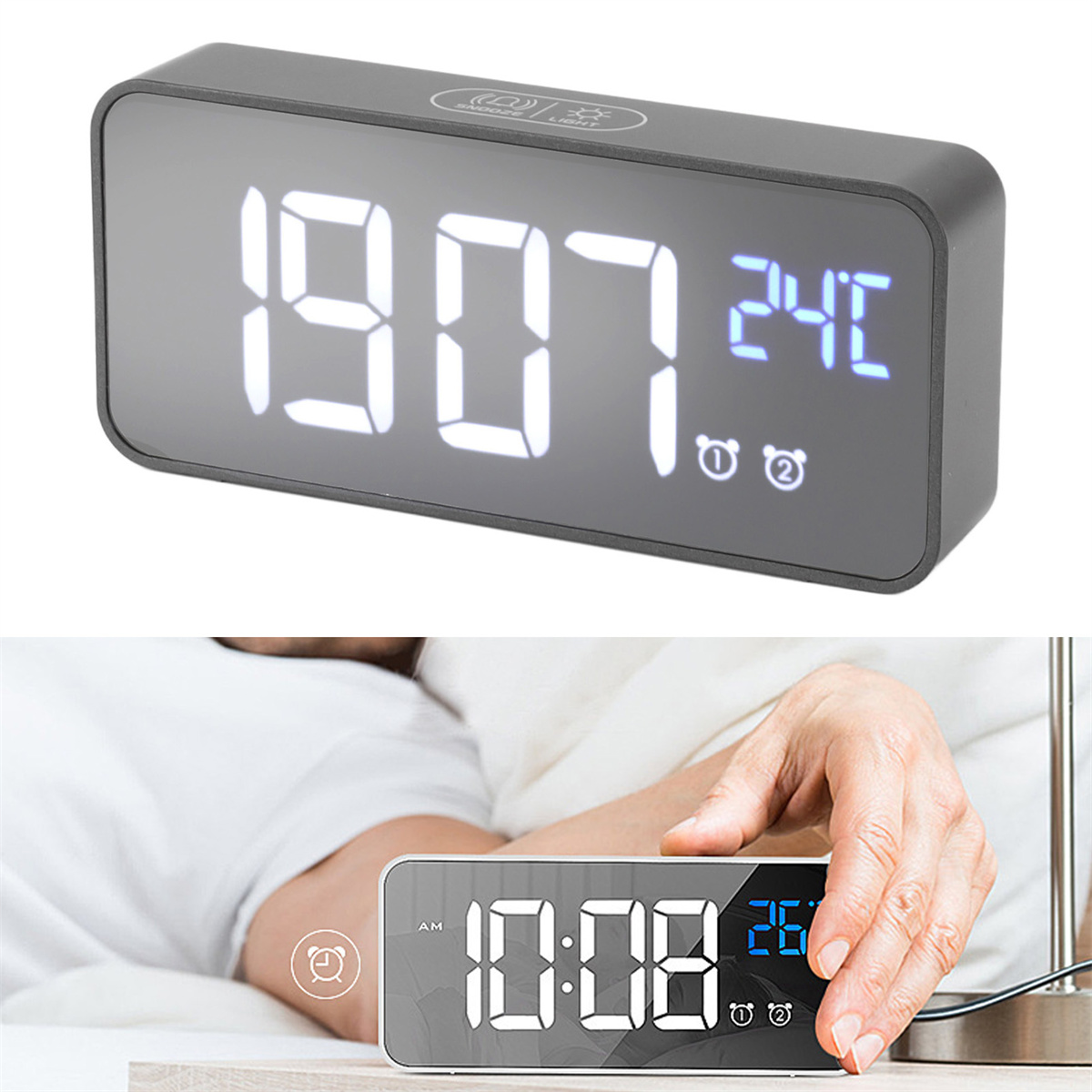 Ein schwarzer digitaler Wecker mit Anzeige von Zeit, Temperatur und Alarmeinstellungen.