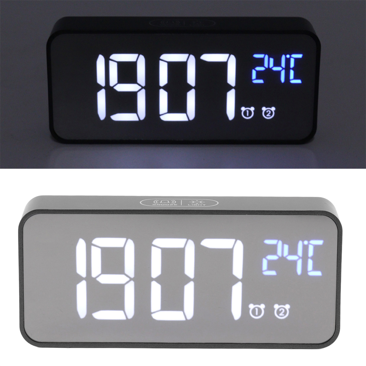 Ein rechteckiger digitaler LED-Wecker, der Zeit und Temperatur anzeigt.