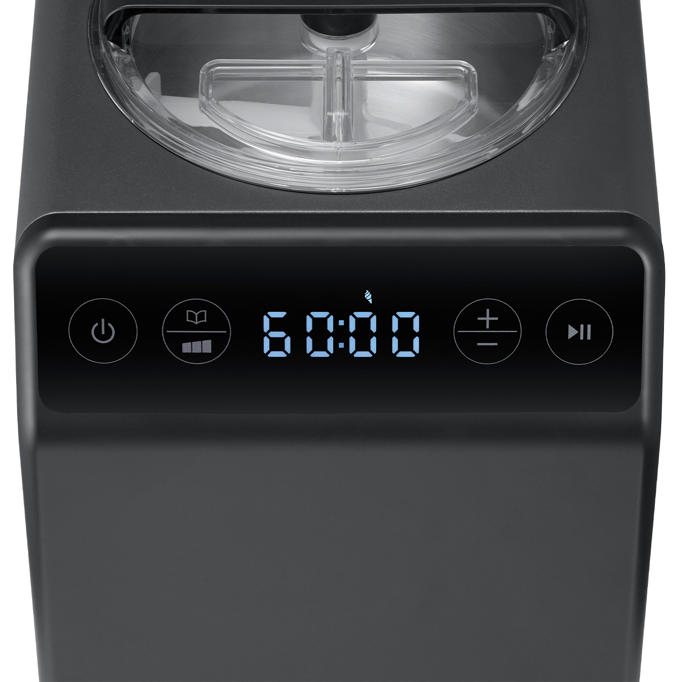 Schwarze Eismaschine mit Digitalanzeige '60:00'. Maschine. Bildschirm mit Zahlen.