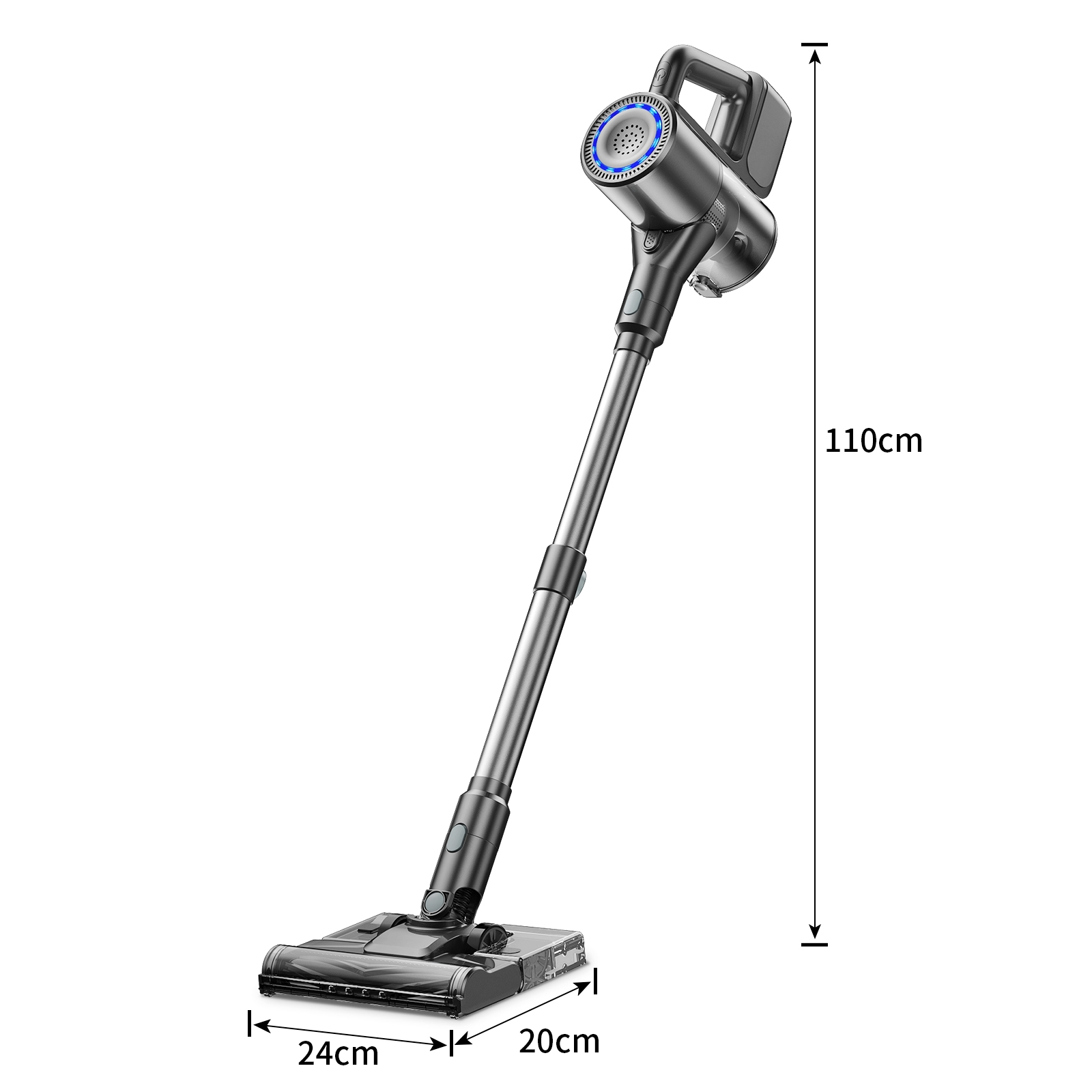 Kabelloser Staubsauger in Silber und Schwarz mit Maßangaben. Er ist 110 cm hoch.