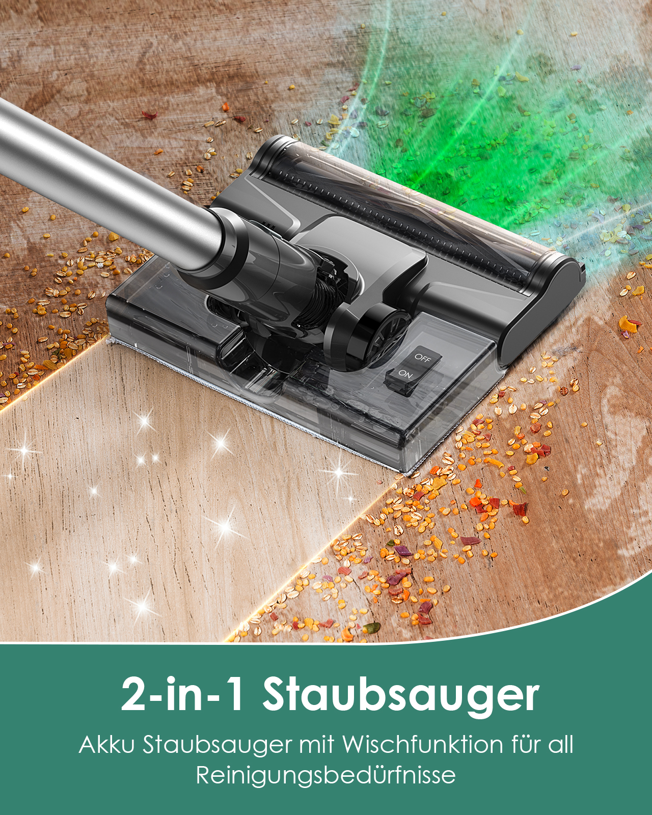 Ein Staubsaugerkopf reinigt einen Holzboden, mit verstreuten Ablagerungen.
