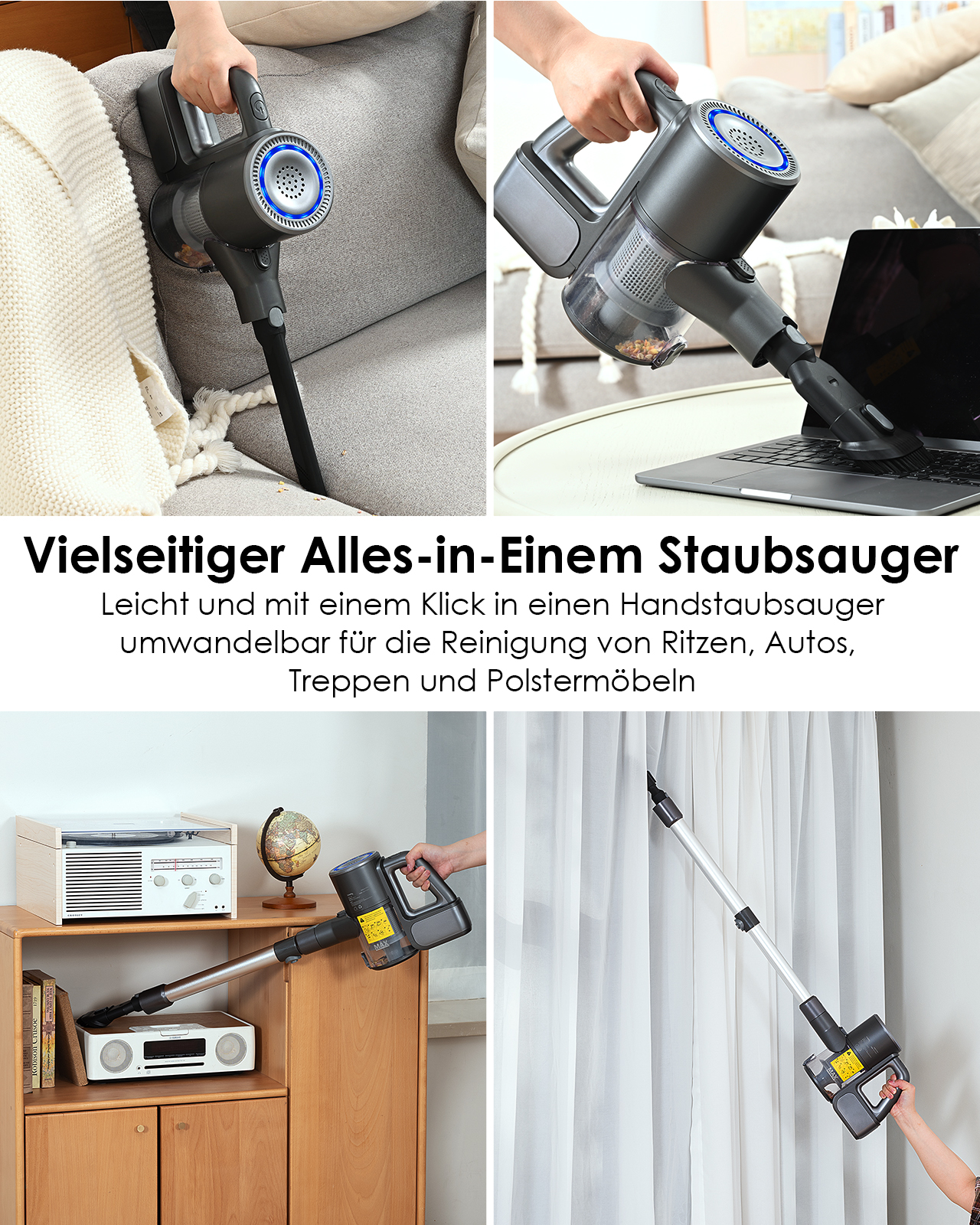 Ein kabelloser Staubsauger in Gebrauch, mit mehreren Aufnahmen, die verschiedene Winkel und Orte zeigen.