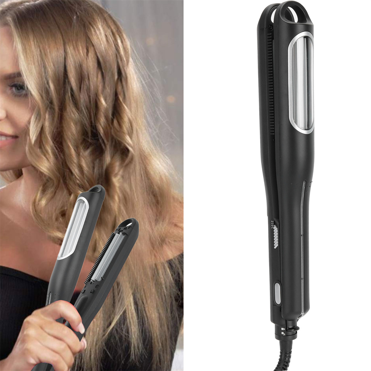 Eine Frau benutzt einen schwarzen Haarcrimper auf blondem Haar. Der Crimper ist nah, der Hintergrund unscharf.