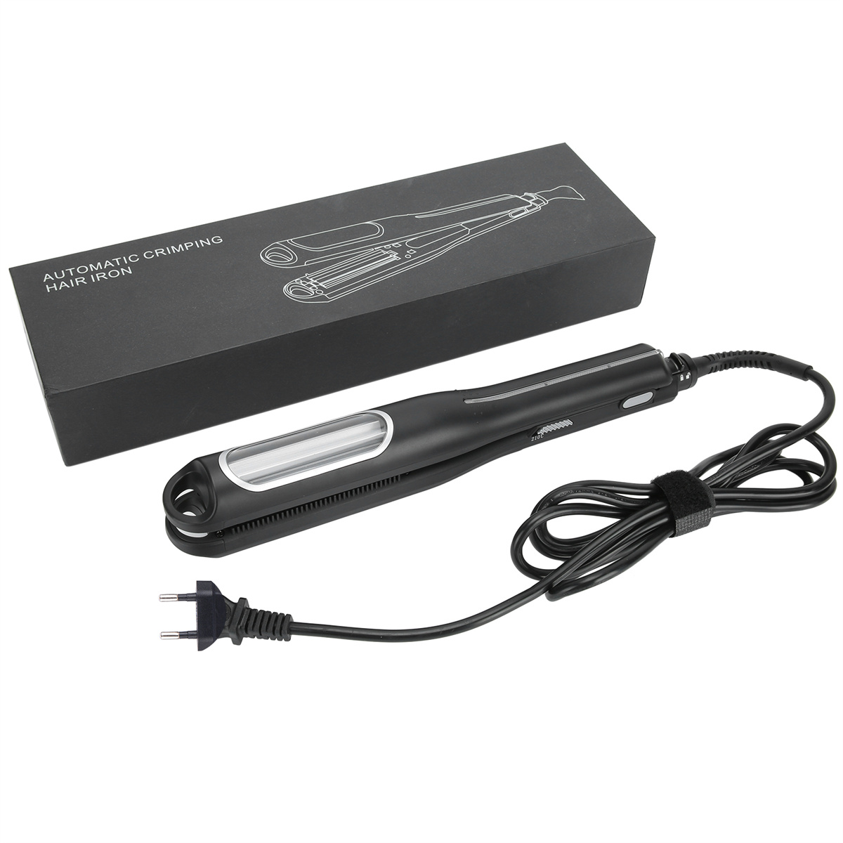 Schwarzes Haar-Crimper mit einer schwarzen Box. Das Kabel ist mit einem schwarzen Band umwickelt.