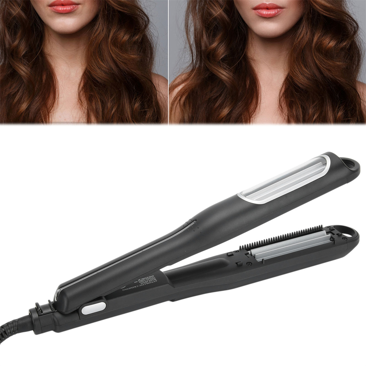 Zwei Bilder von Frauenhaar, dann ein schwarzer Haarcrimper.