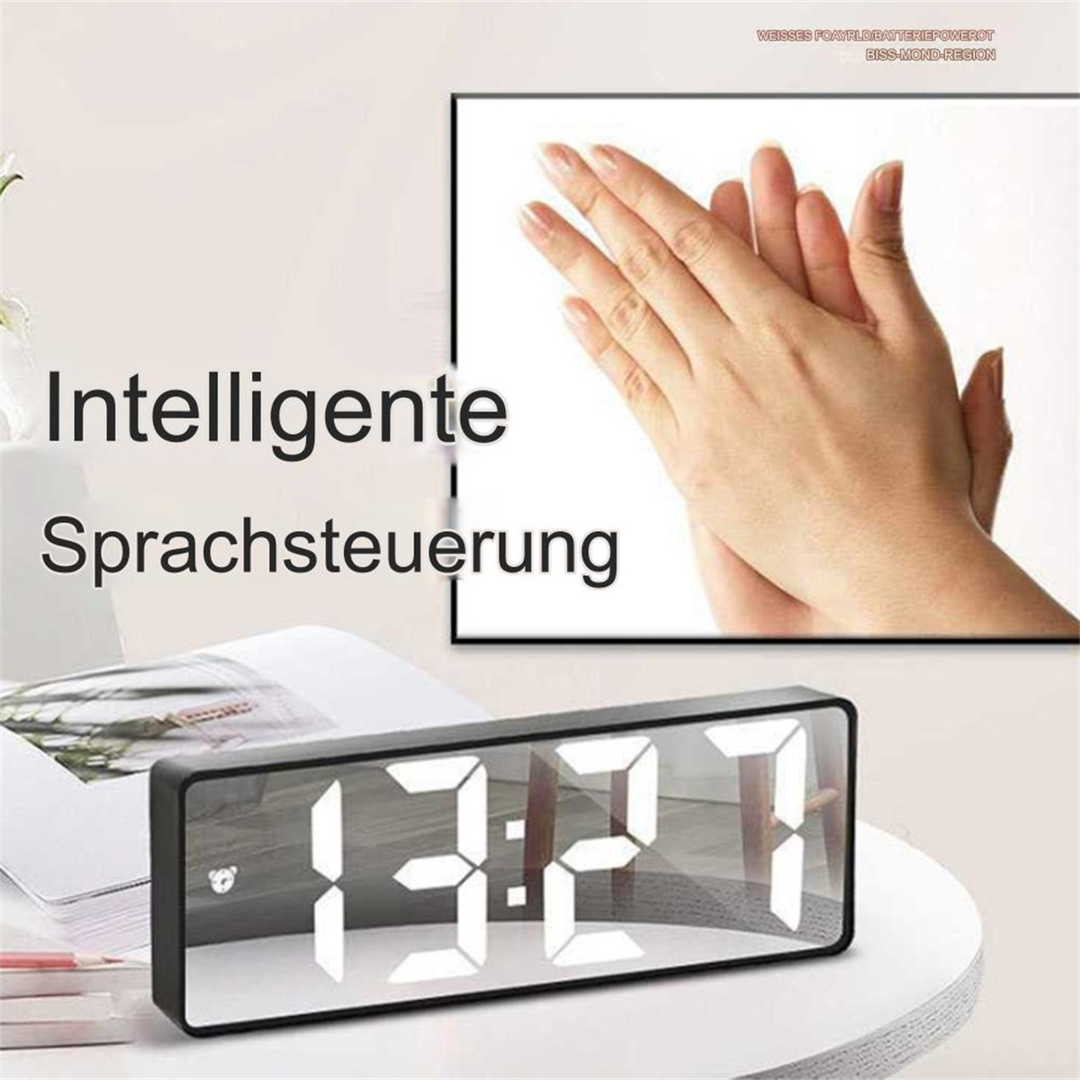 Eine Digitaluhr mit großen weißen Zahlen zeigt die Uhrzeit 13:27 an.