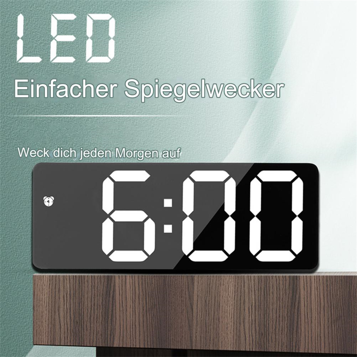 Digitaler Wecker mit Anzeige 6:00, mit Holzoberfläche und schlichtem Design.