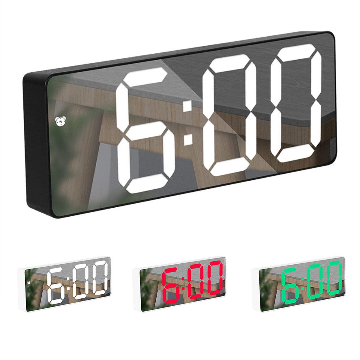Ein digitaler Wecker mit verspiegeltem Display, das die Uhrzeit 6:00 anzeigt.