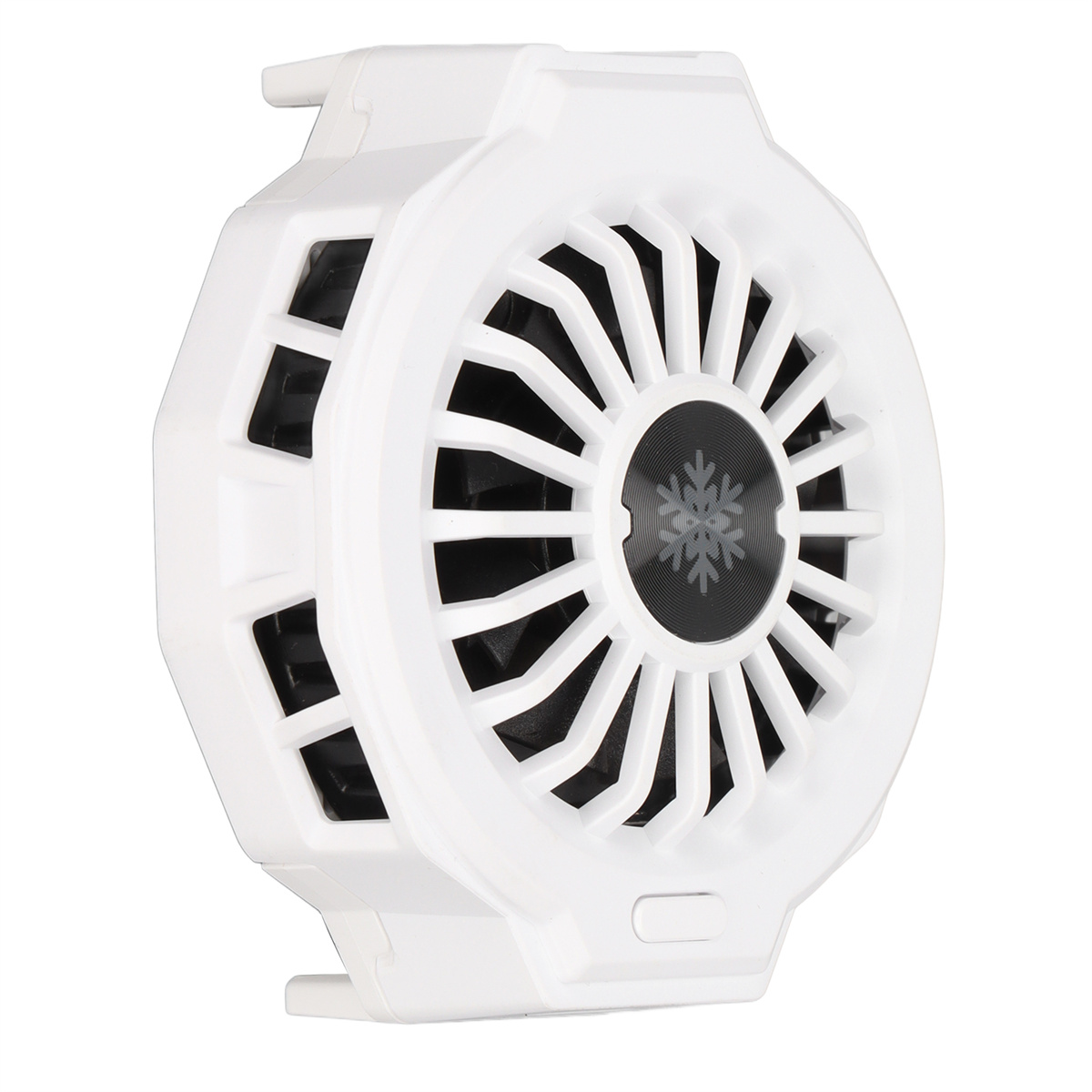 Weißer Ventilator mit schwarzem Zentrum und Schneeflockensymbol. Er hat eine runde Form.