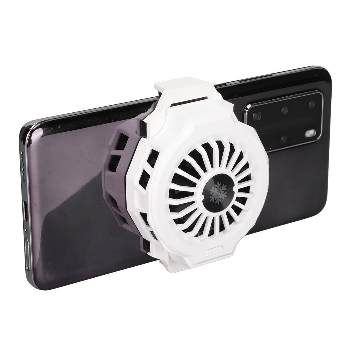 Schwarzes Telefon mit weißem Lüfter an der Rückseite, mit Schneeflocken-Logo.