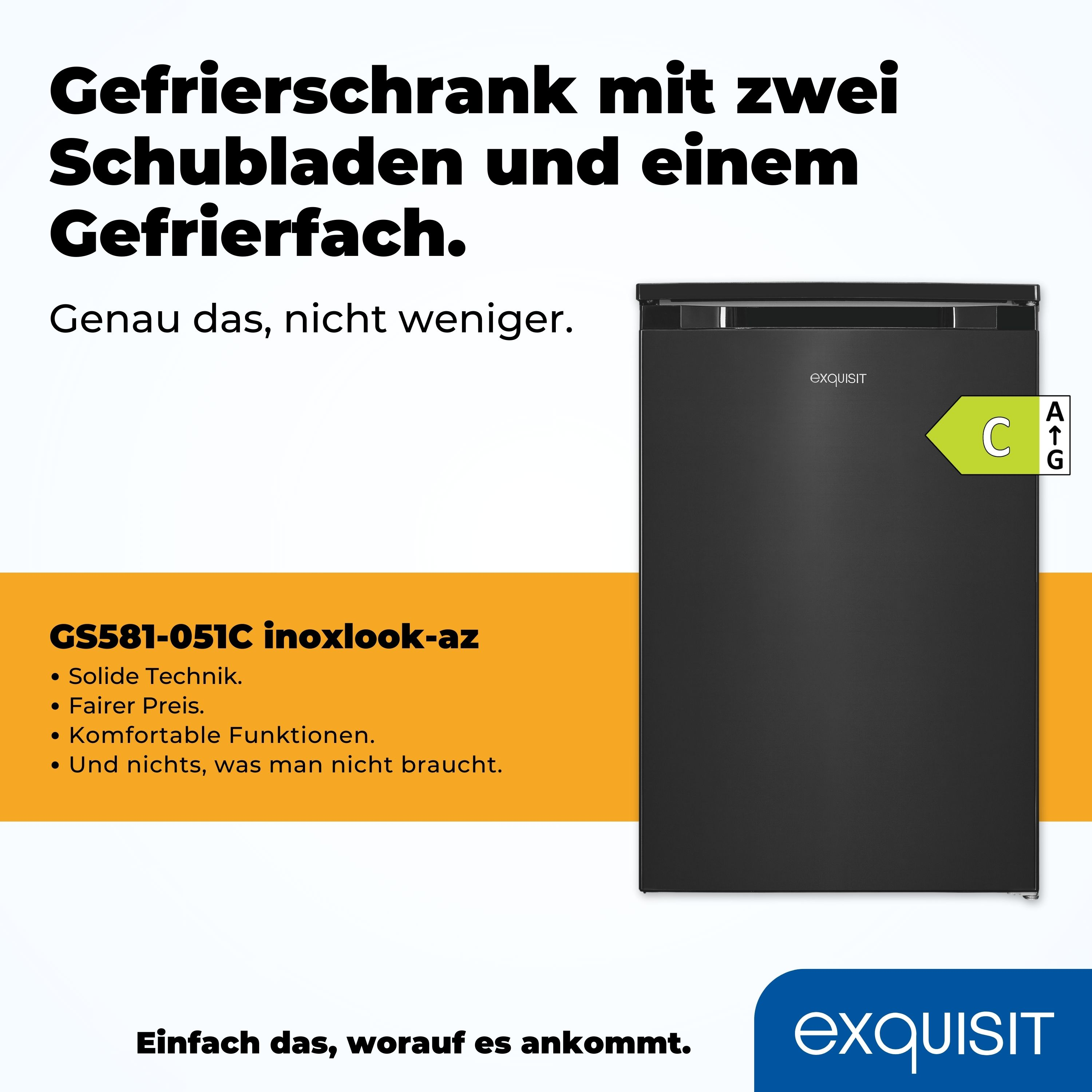 Schwarzer Kühlschrank mit zwei Schubladen und einem Gefrierfach. Text-Anzeigen.