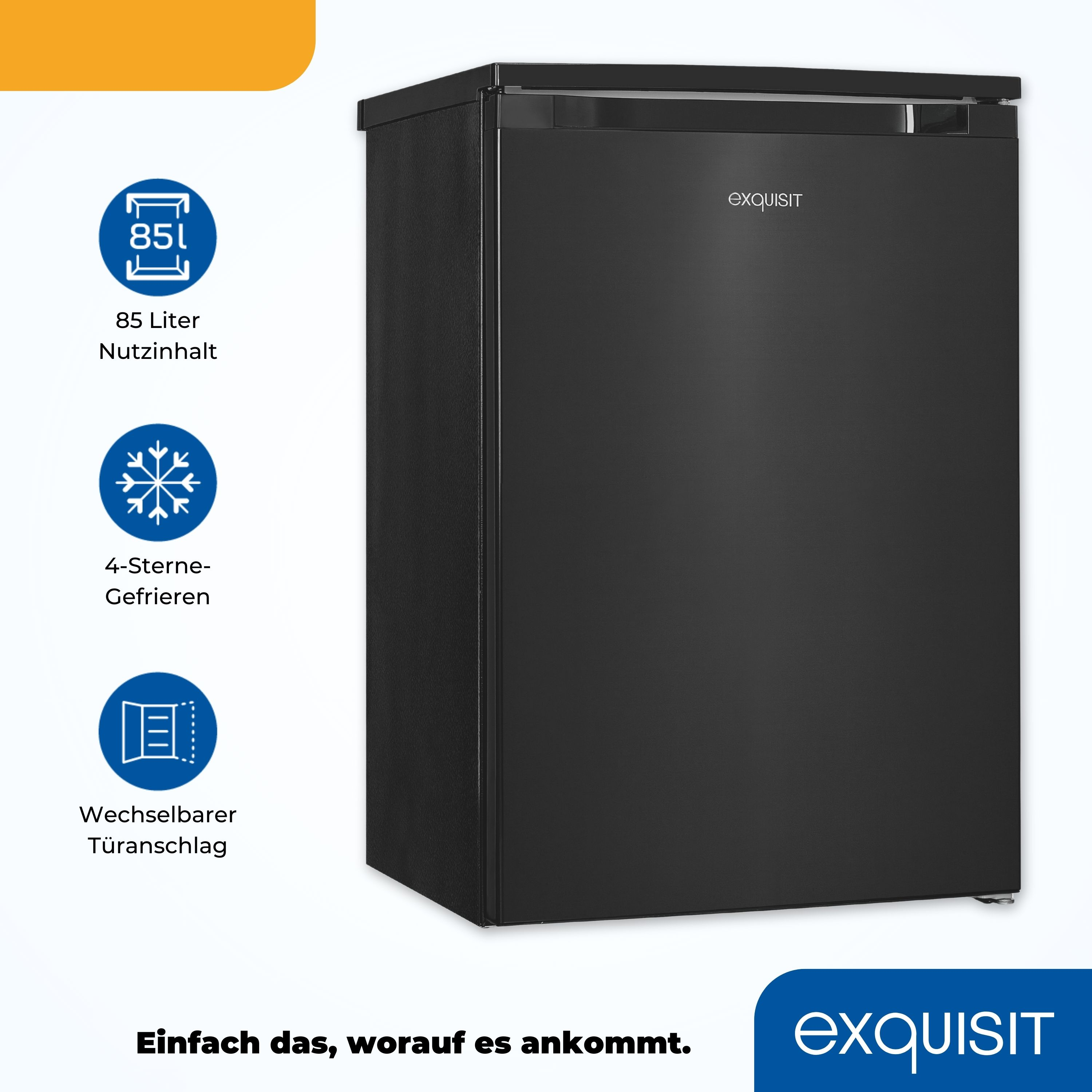 Ein schwarzer Exquisit Mini-Kühlschrank mit Informationssymbolen und dem Markenlogo rechts.
