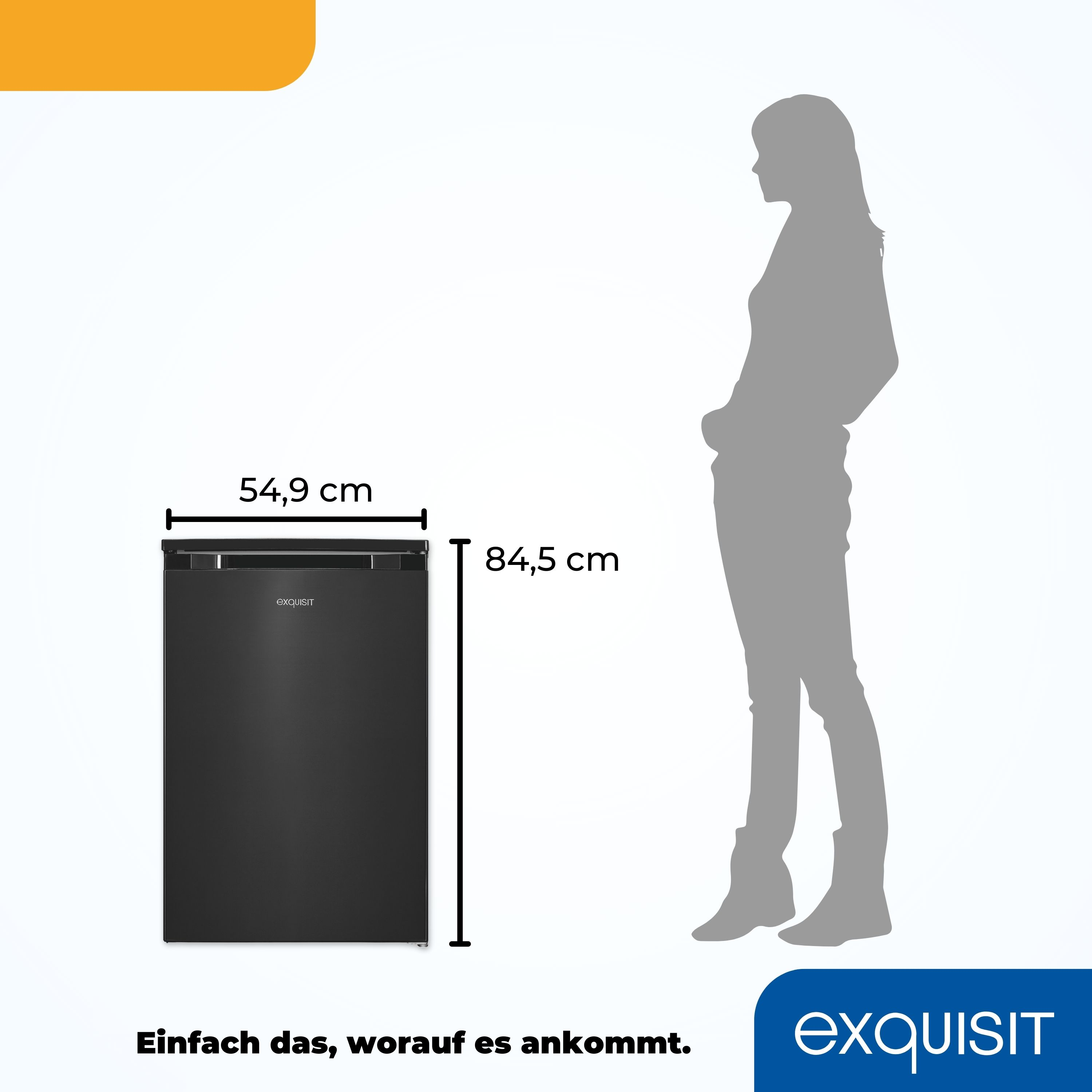 Ein schwarzer Mini-Kühlschrank mit Maßangaben und einer Silhouette einer Person daneben.