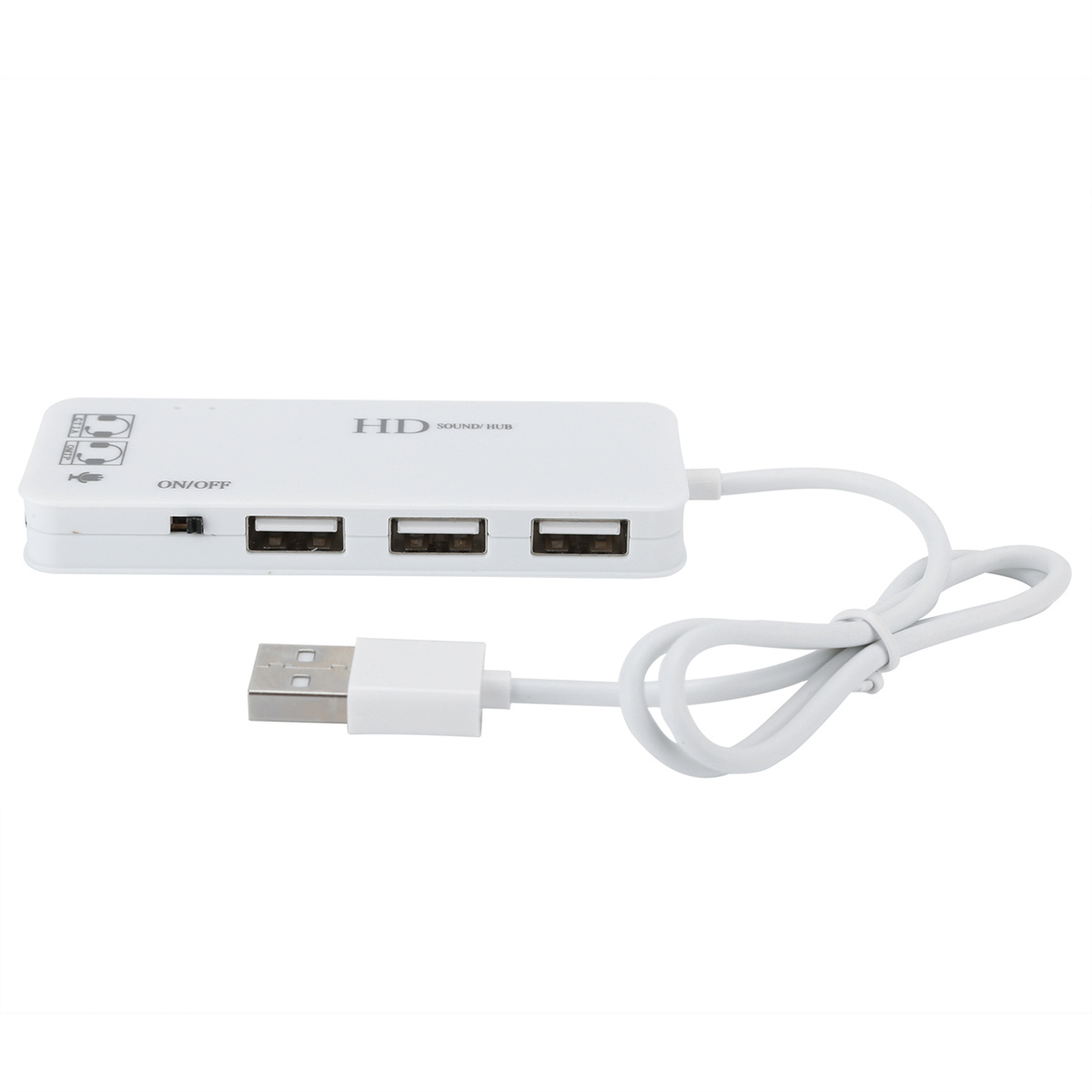 Weißer USB-Hub mit drei USB-Anschlüssen und einem weißen Kabel.