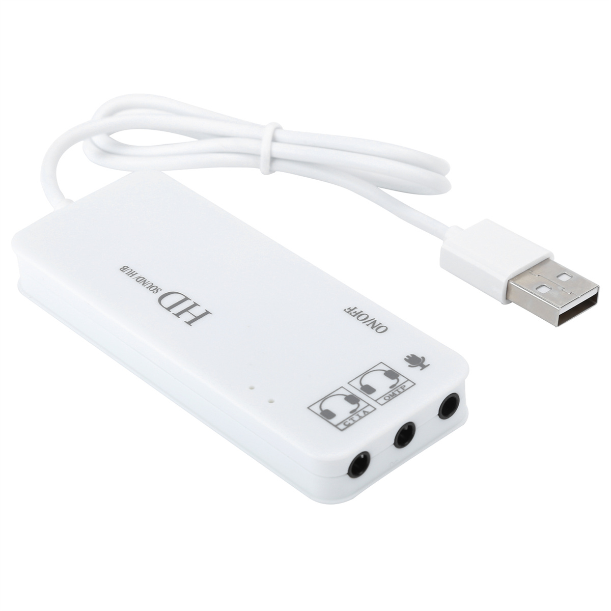 Ein weißer HD-Sound-Hub mit USB. Er hat zwei Kopfhöreranschlüsse und eine Mikrofonbuchse.