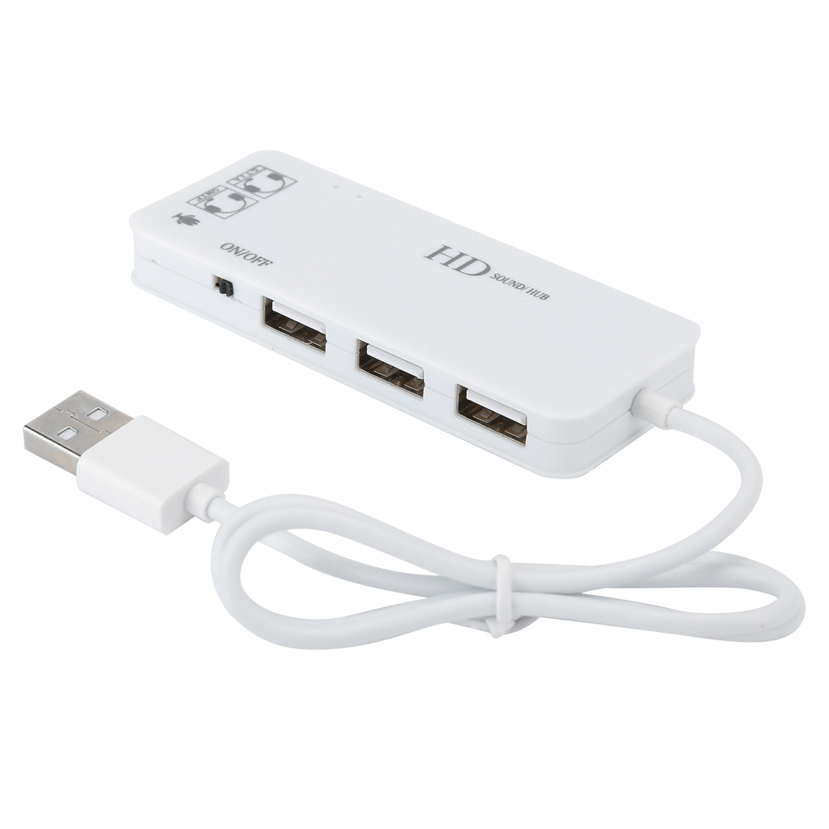 Weißer USB-Hub mit vier Anschlüssen und einem USB-Kabel. Er hat einen Ein/Aus-Schalter.