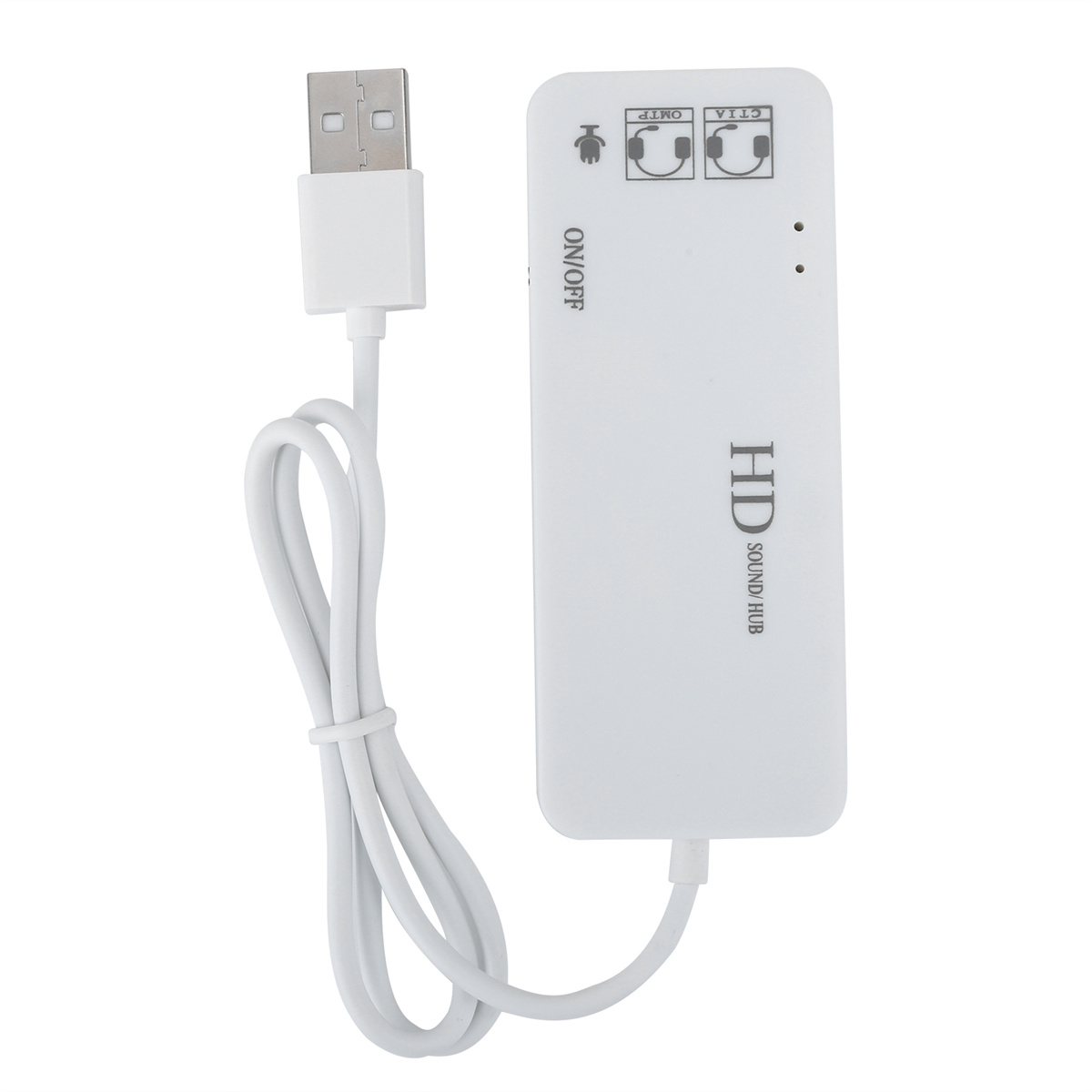 Weißer USB-Sound-Hub mit USB-Kabel. Hat Ein-/Aus-Taste und Kopfhöreranschlüsse, mit HD SOUND HUB-Etikett.