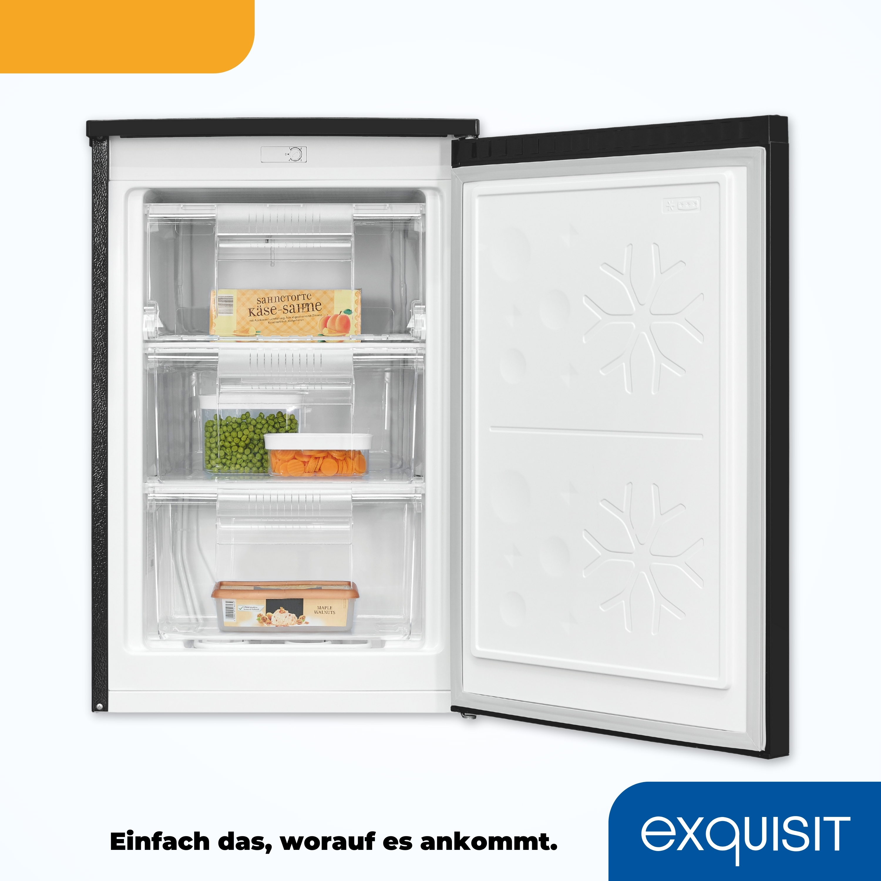 Ein Gefrierschrank mit offener Tür, der Schubladen mit Essen zeigt. Text unten: Einfach, worauf es ankommt.